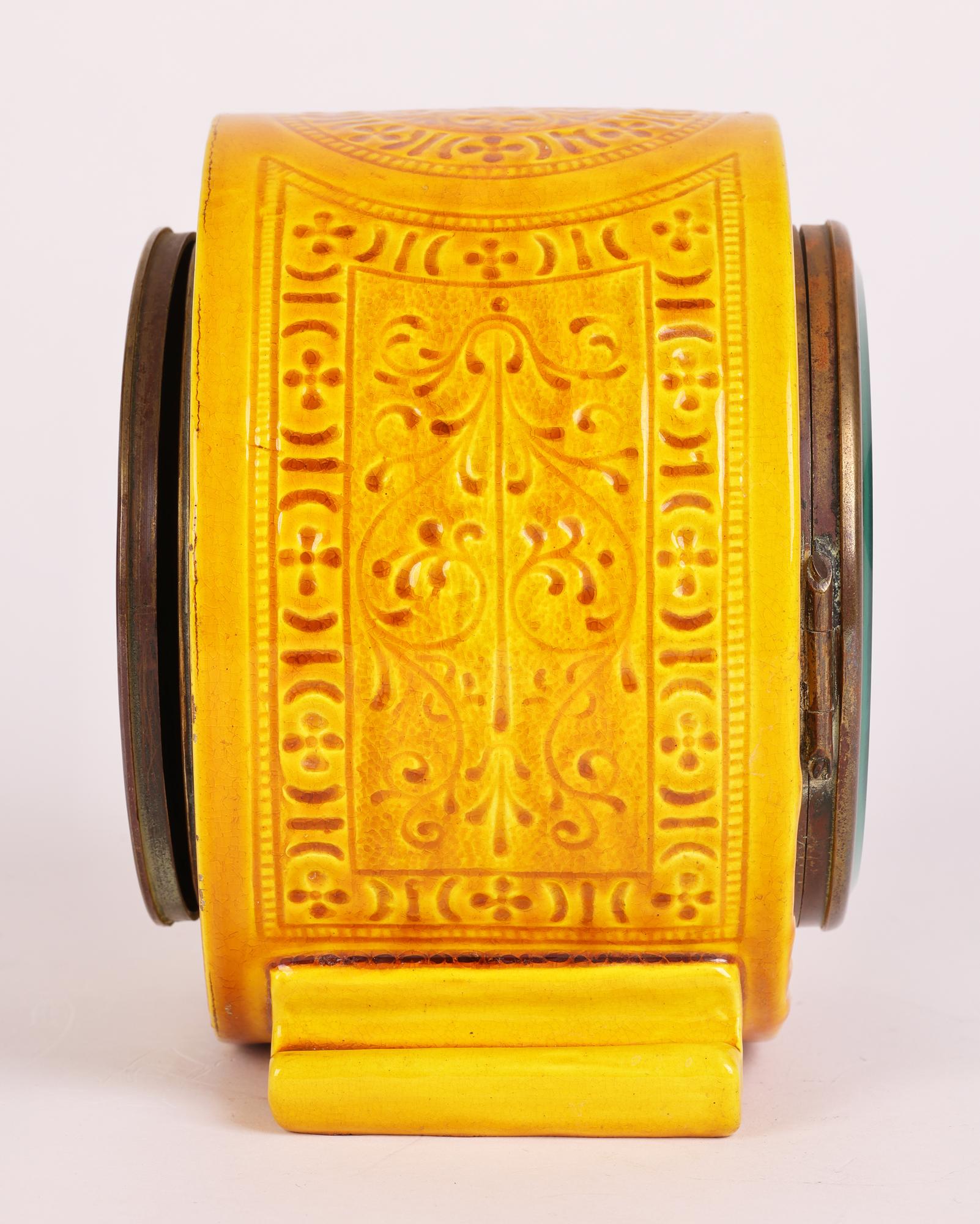Burmantofts Faience Foliate Design Yellow Glazed Art Pottery Mantle Clock For Sale 3