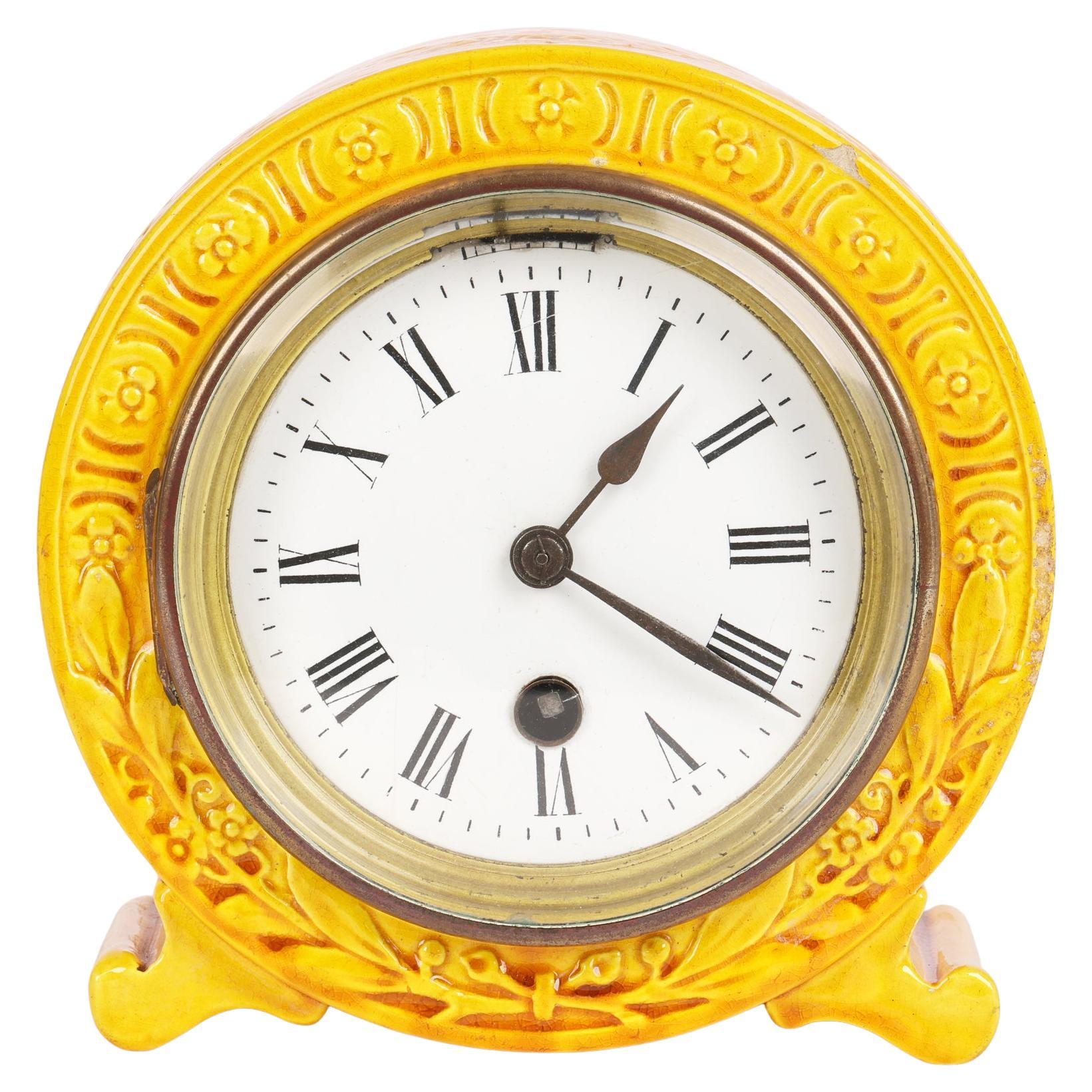 Burmantofts Faience Foliate Design Yellow Glazed Art Pottery Mantle Clock For Sale