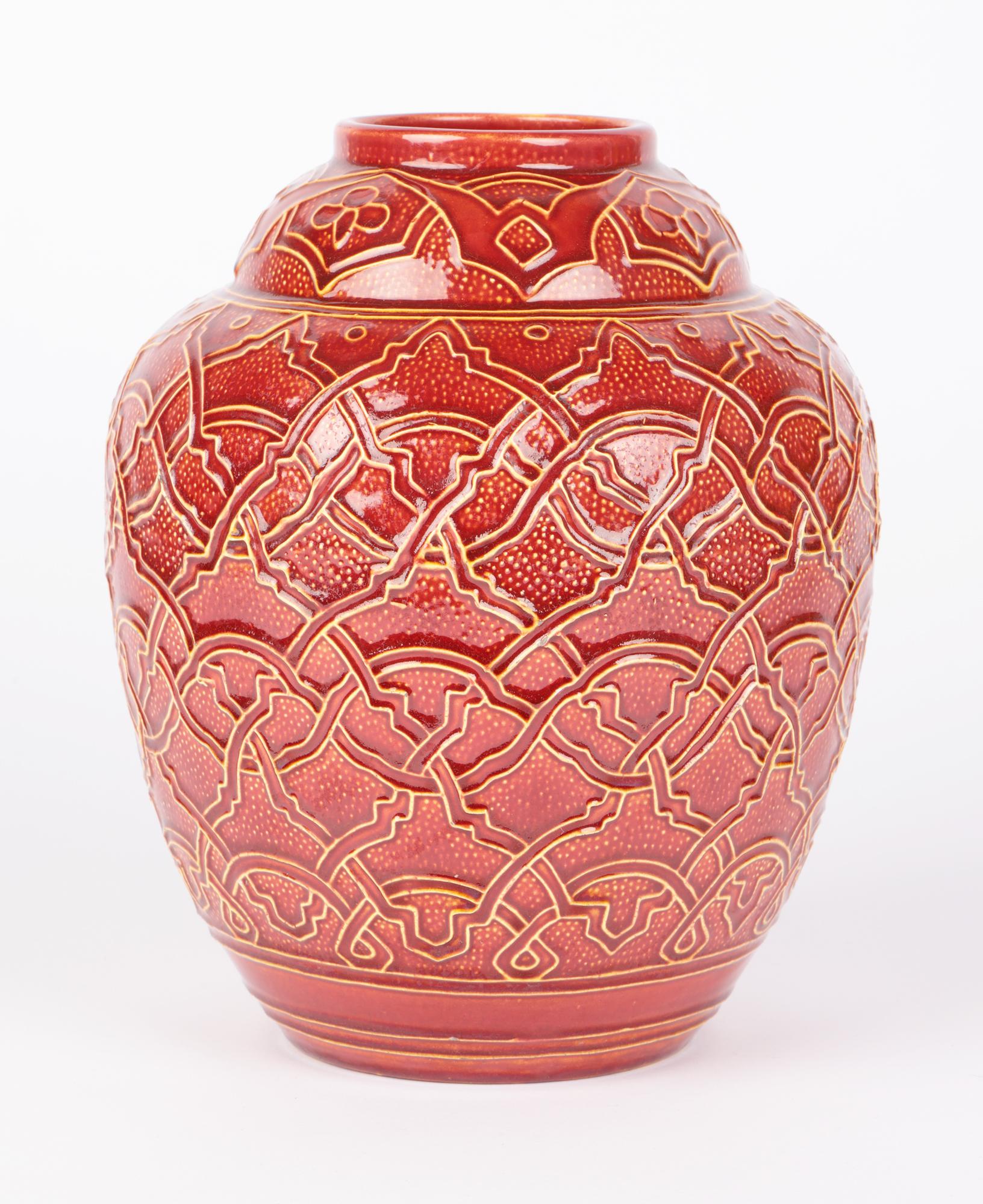 Burmantofts Faience Large Exceptional Red Glazed Patterned Vase 3