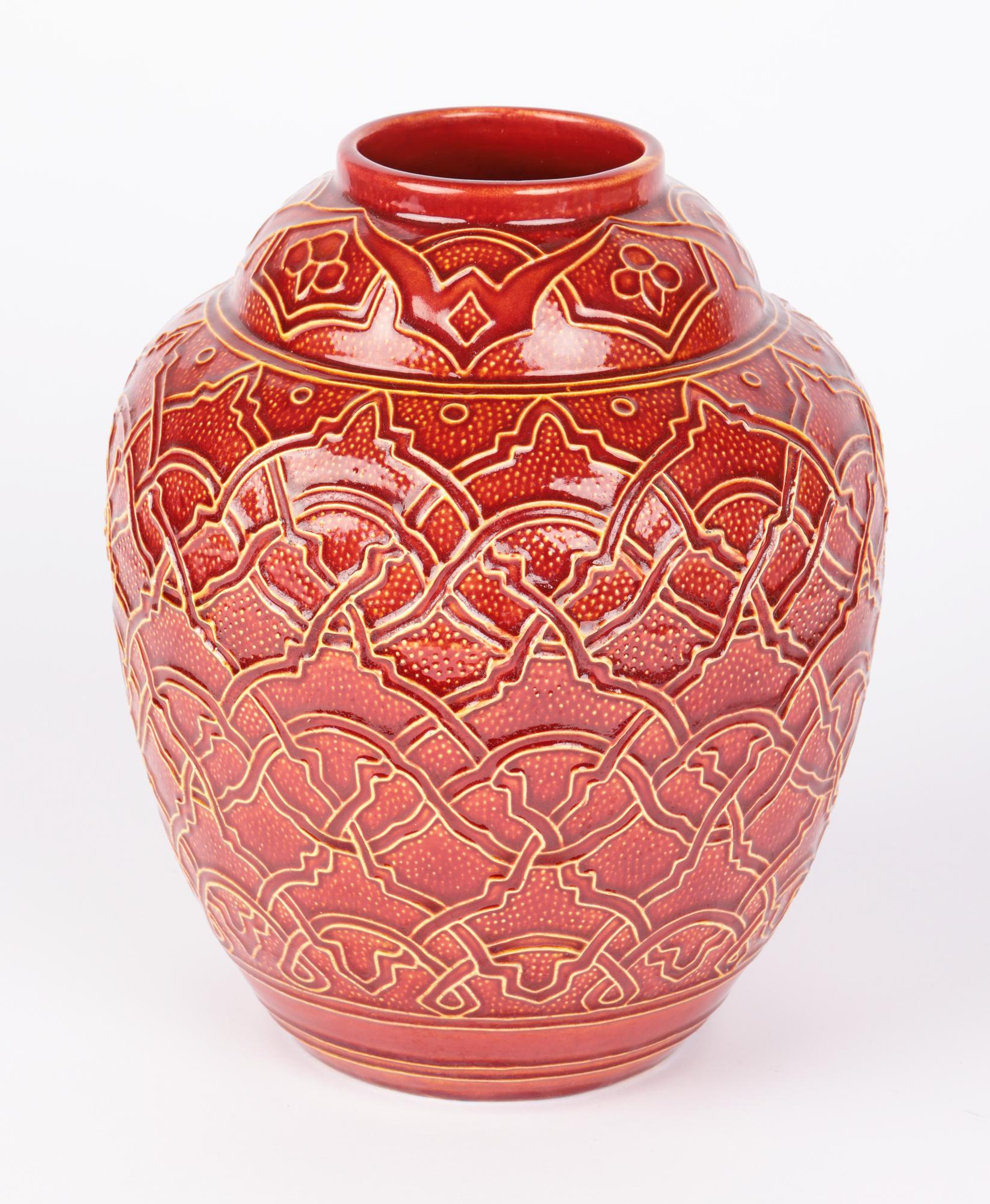 Burmantofts Faience Large Exceptional Red Glazed Patterned Vase 6