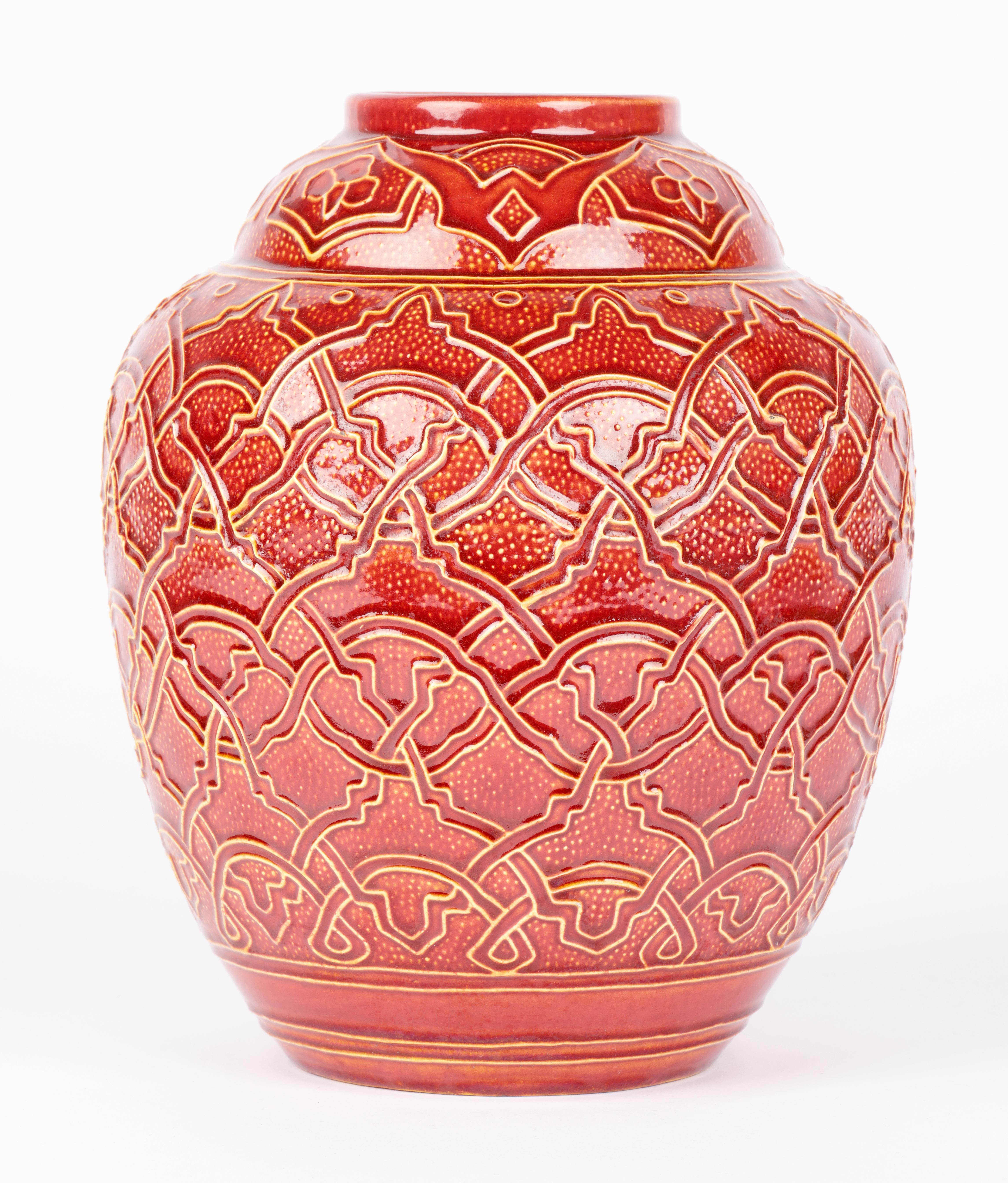 English Burmantofts Faience Large Exceptional Red Glazed Patterned Vase