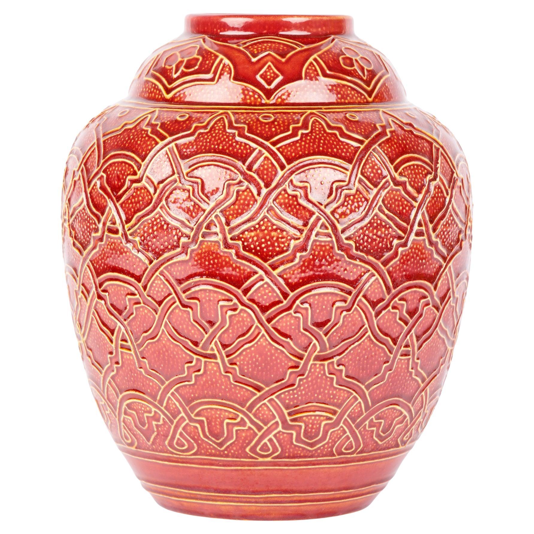 Burmantofts Faience Large Exceptional Red Glazed Patterned Vase