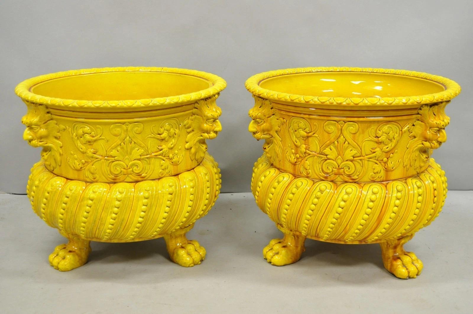 Unknown Burmantofts Faience Majolica English Regency Yellow Glazed Jardiniere Pot - Pair For Sale