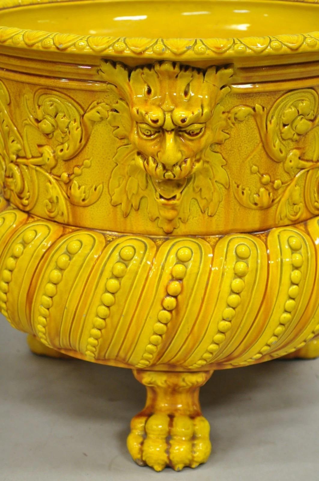 19th Century Burmantofts Faience Majolica English Regency Yellow Glazed Jardiniere Pot - Pair For Sale