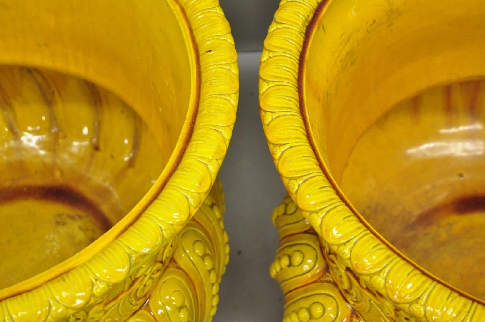 Ceramic Burmantofts Faience Majolica English Regency Yellow Glazed Jardiniere Pot - Pair For Sale