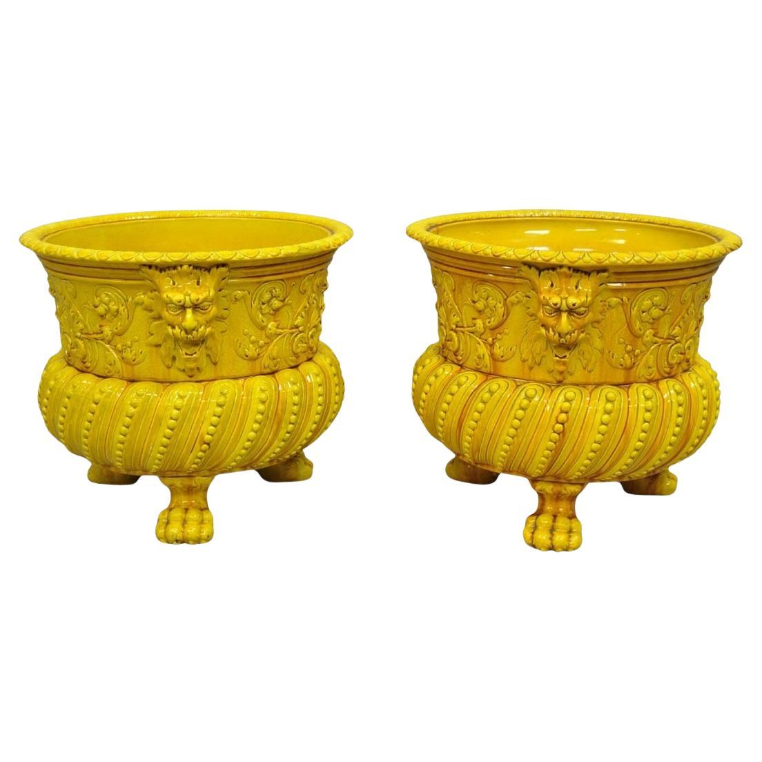 Burmantofts Faience Majolica English Regency Yellow Glazed Jardiniere Pot - Pair For Sale
