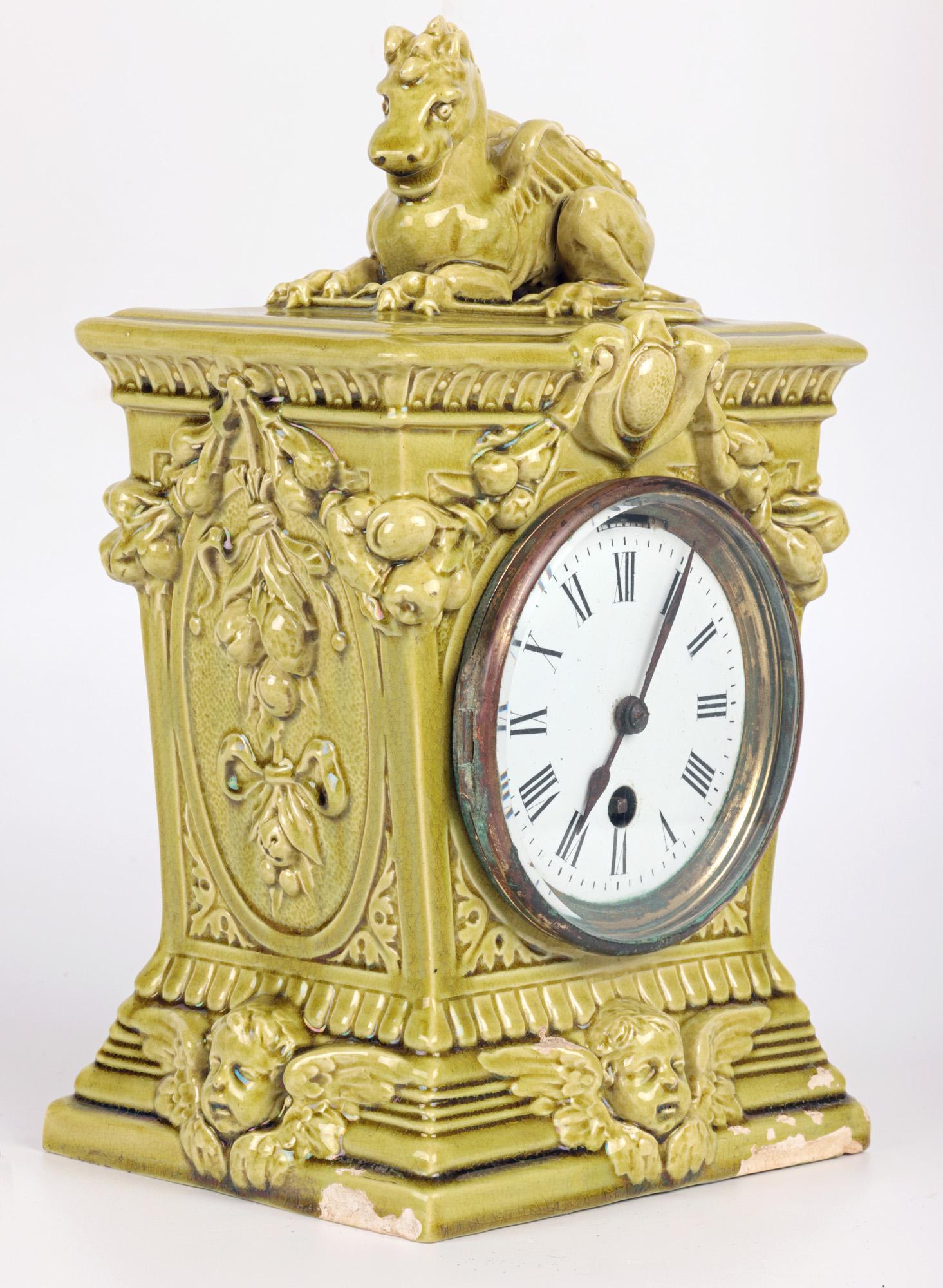 Burmantofts Faience Mantle Clock with Winged Horse For Sale 3