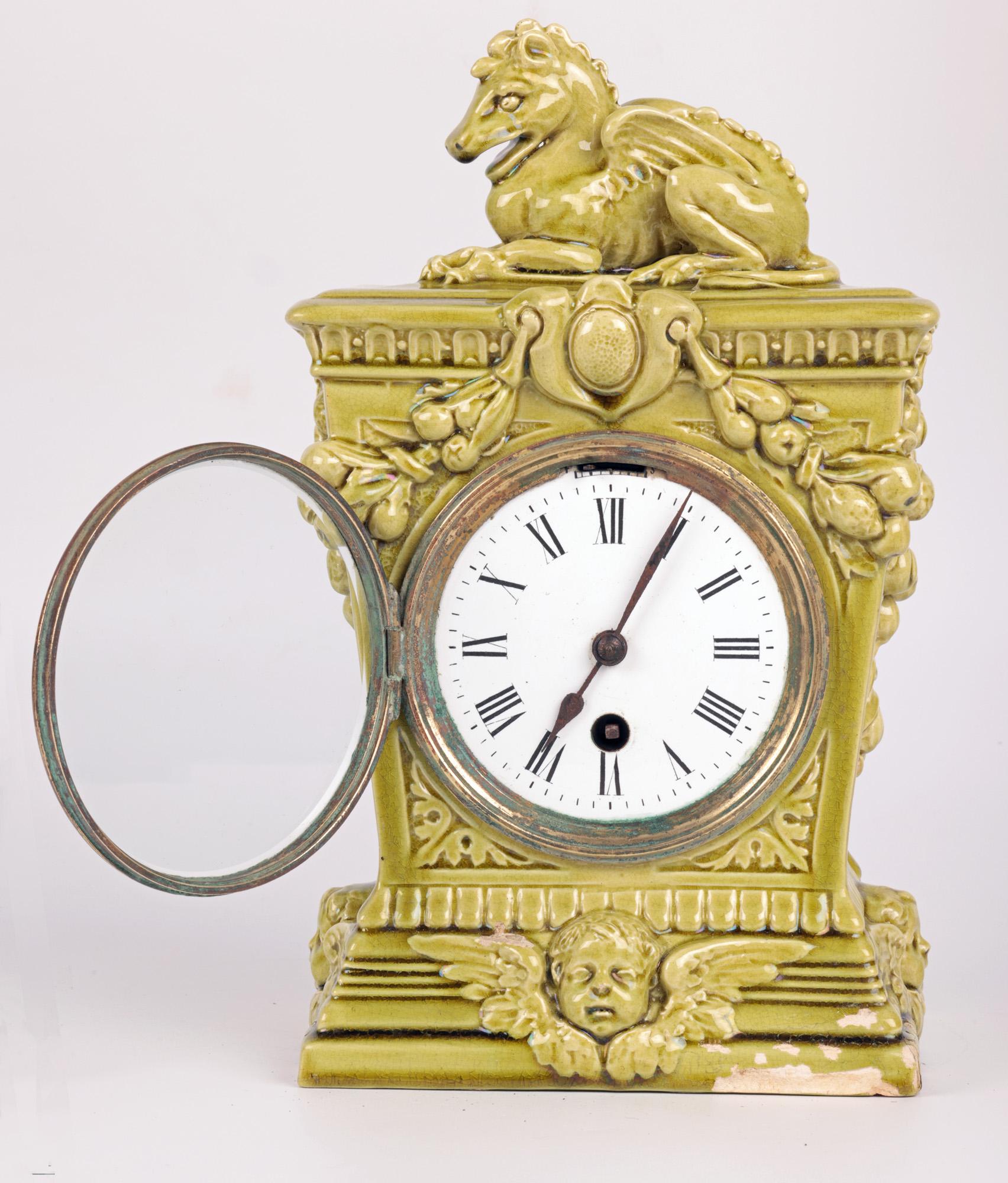Late 19th Century Burmantofts Faience Mantle Clock with Winged Horse For Sale