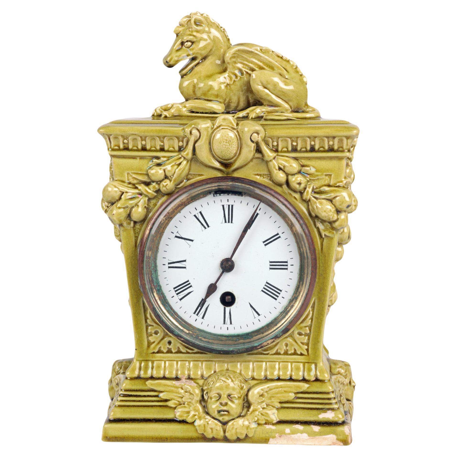 Burmantofts Faience Mantle Clock with Winged Horse For Sale