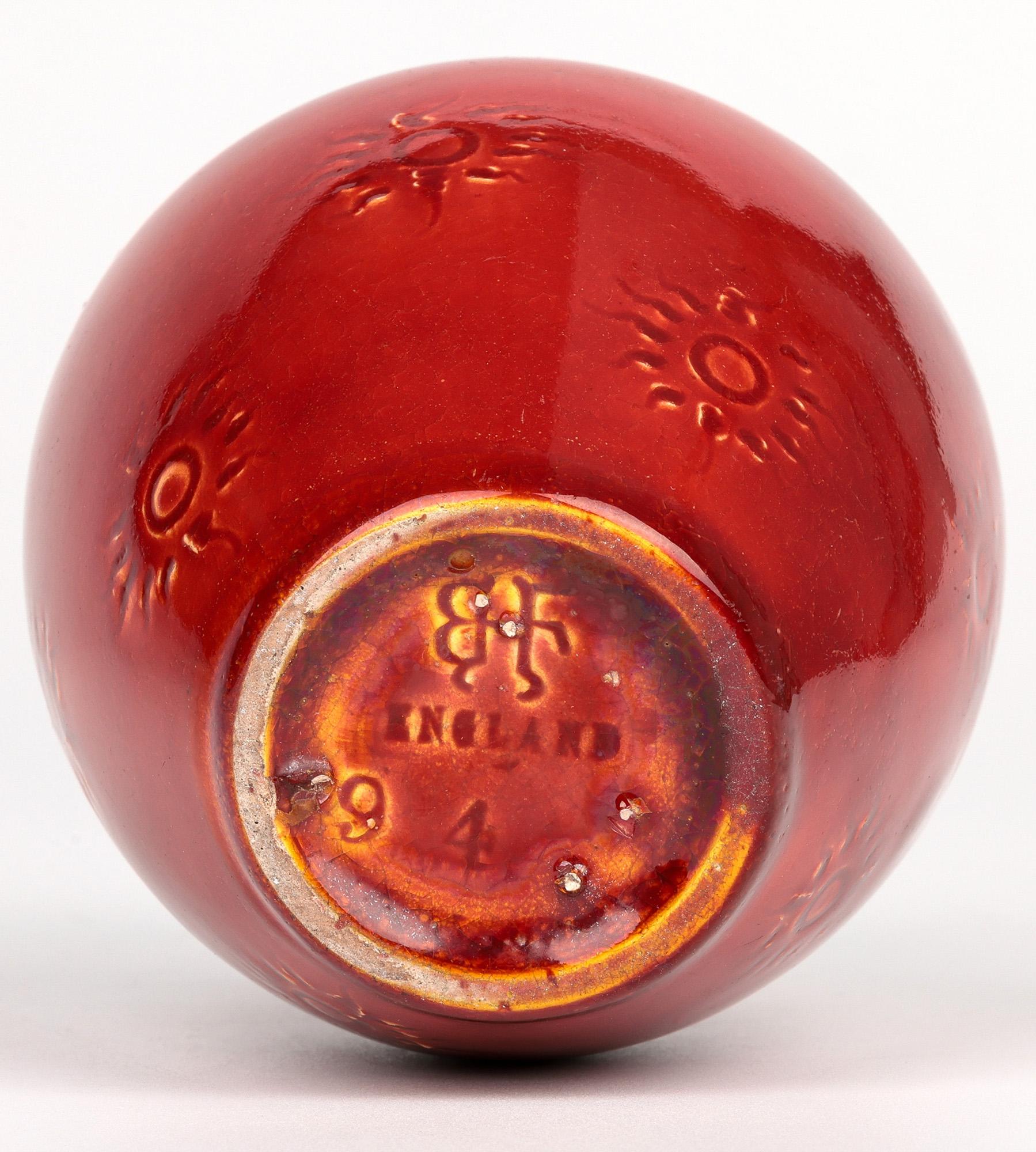 Burmantofts Faience Ox Blood & Yellow Glazed Sun Burst Pattern Art Pottery Vase For Sale 3