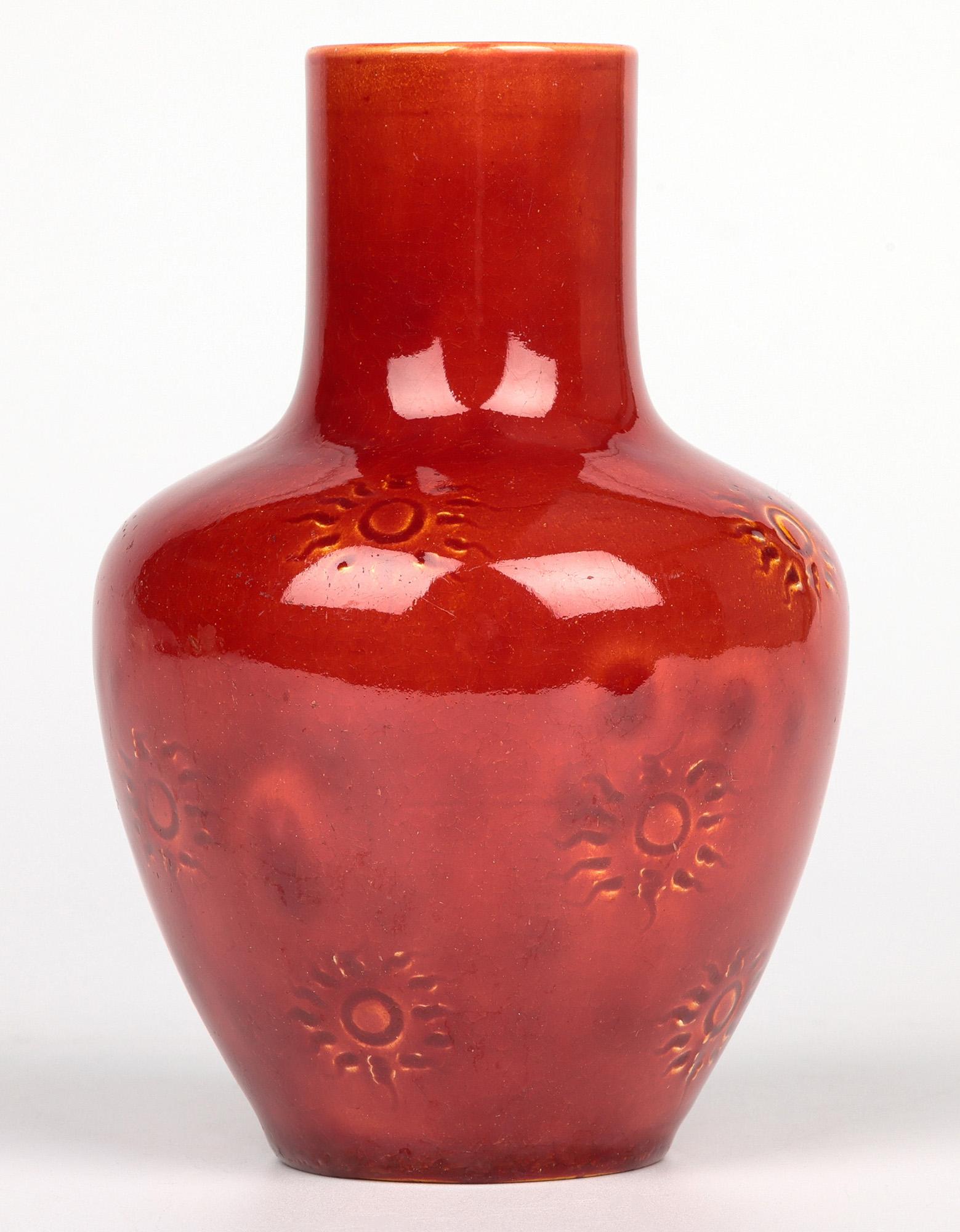 Burmantofts Faience Ox Blood & Yellow Glazed Sun Burst Pattern Art Pottery Vase For Sale 4