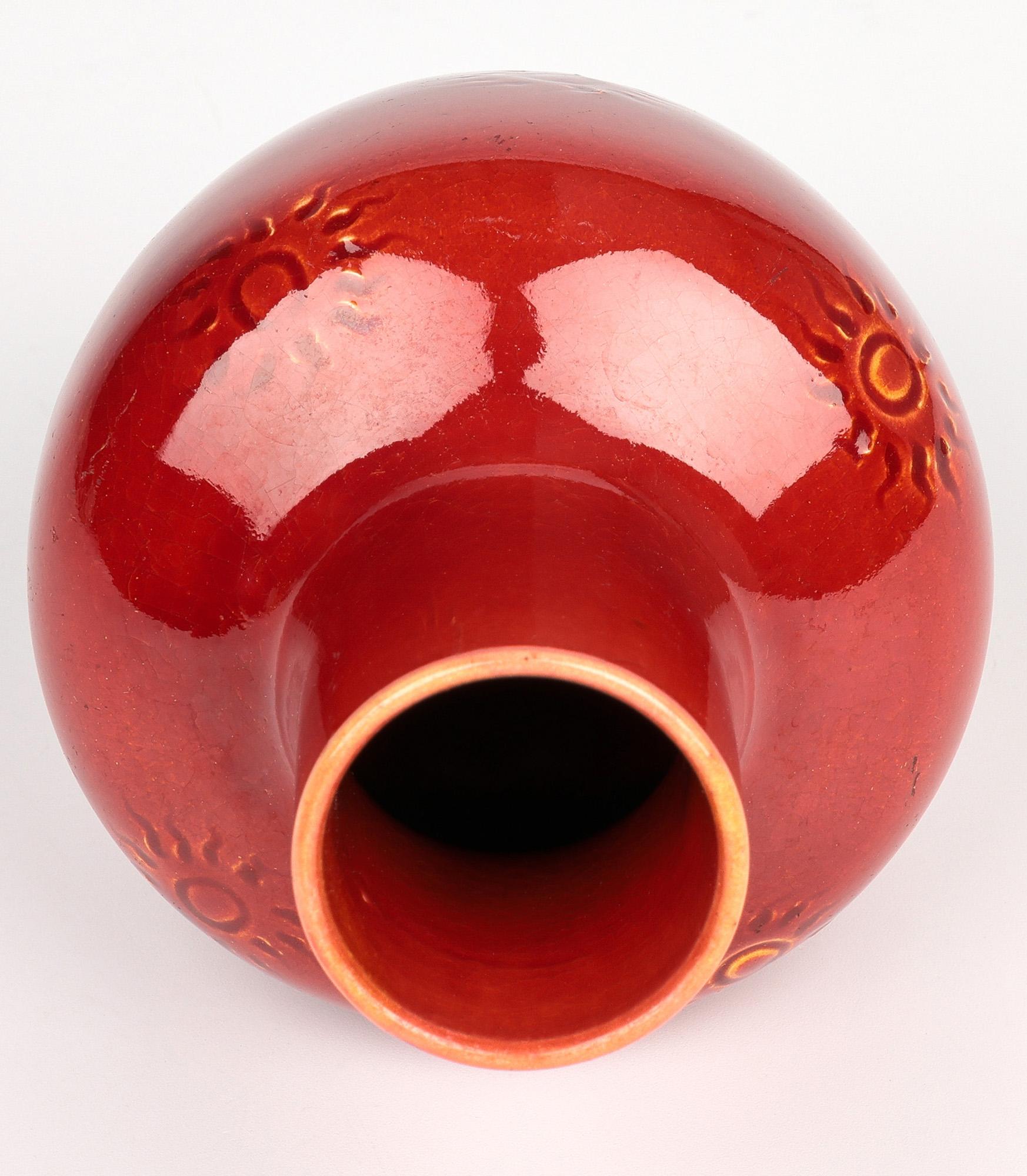 Burmantofts Faience Ox Blood & Yellow Glazed Sun Burst Pattern Art Pottery Vase For Sale 6