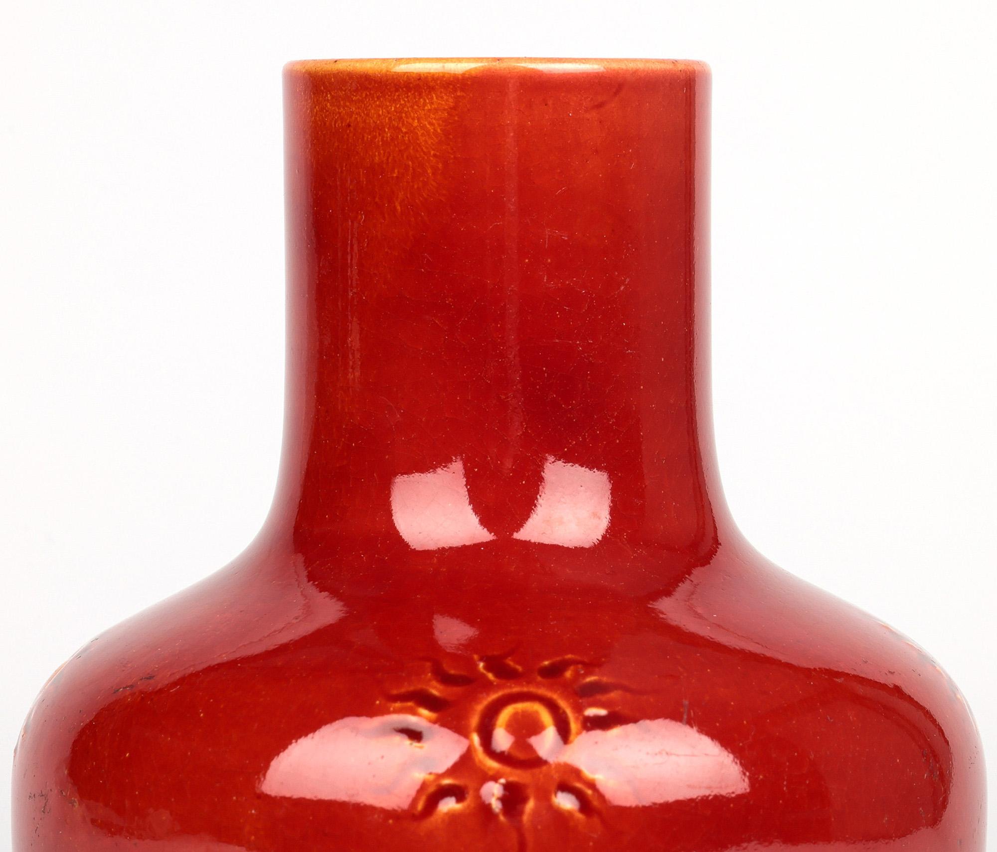 Burmantofts Faience Ox Blood & Yellow Glazed Sun Burst Pattern Art Pottery Vase For Sale 7