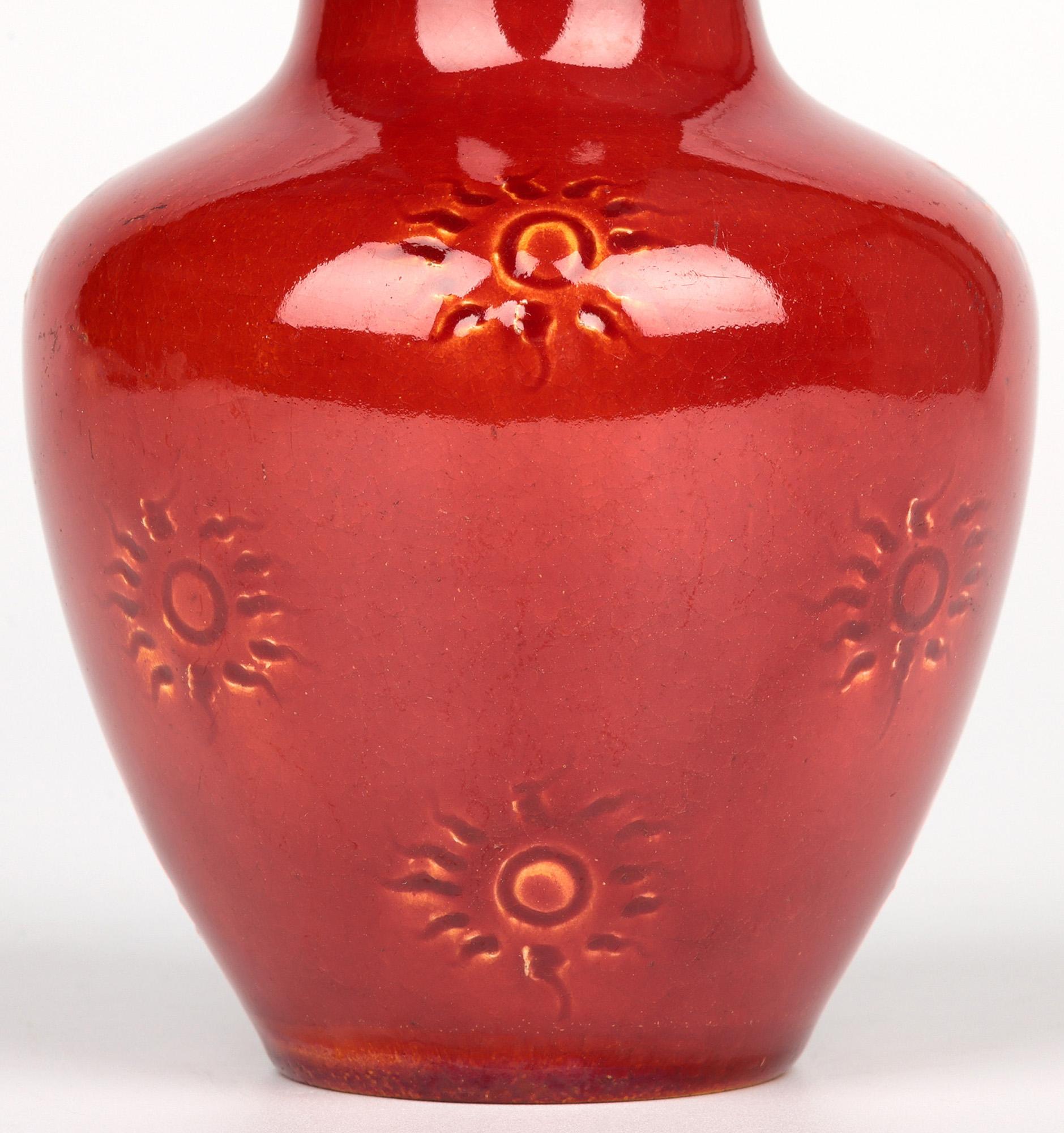 Burmantofts Faience Ox Blood & Yellow Glazed Sun Burst Pattern Art Pottery Vase For Sale 9