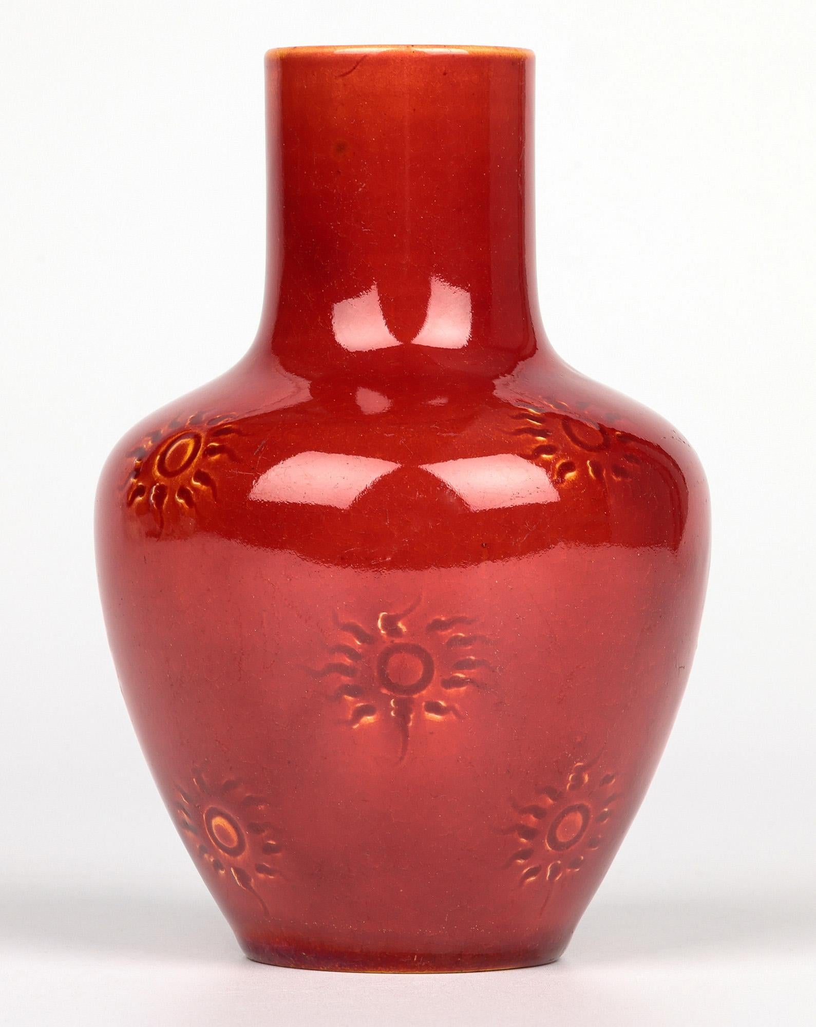 Burmantofts Faience Ox Blood & Yellow Glazed Sun Burst Pattern Art Pottery Vase For Sale 10