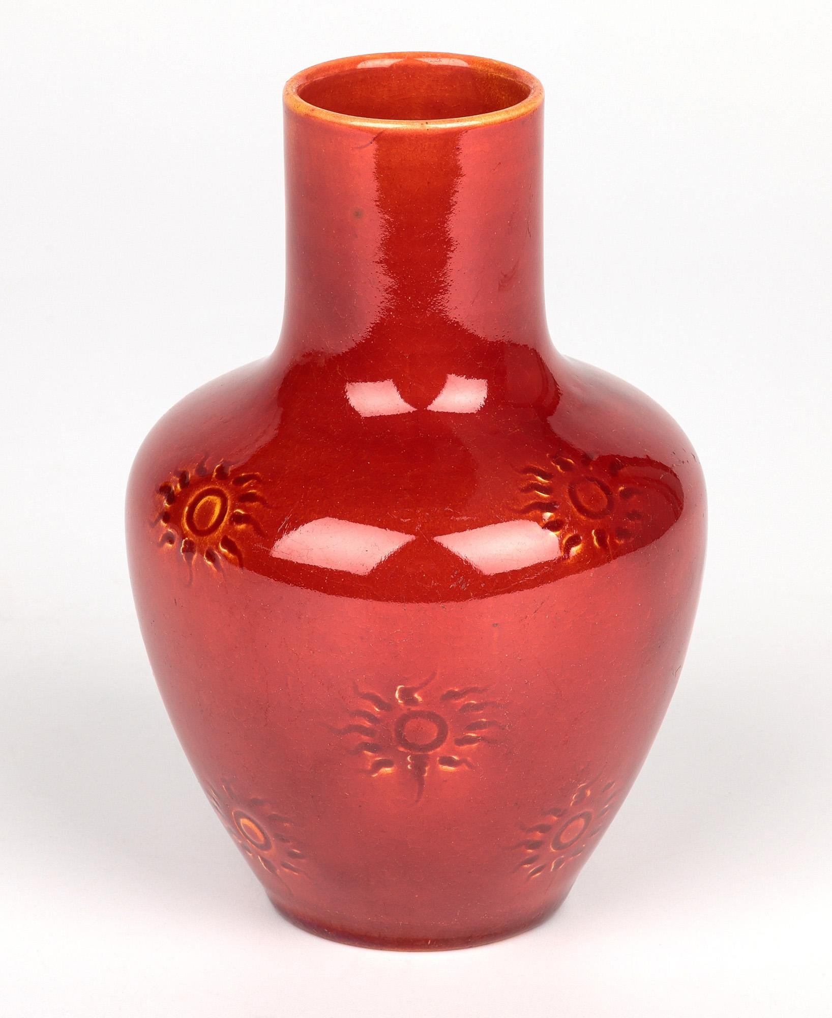 Arts and Crafts Burmantofts Faience Ox Blood & Yellow Glazed Sun Burst Pattern Art Pottery Vase For Sale