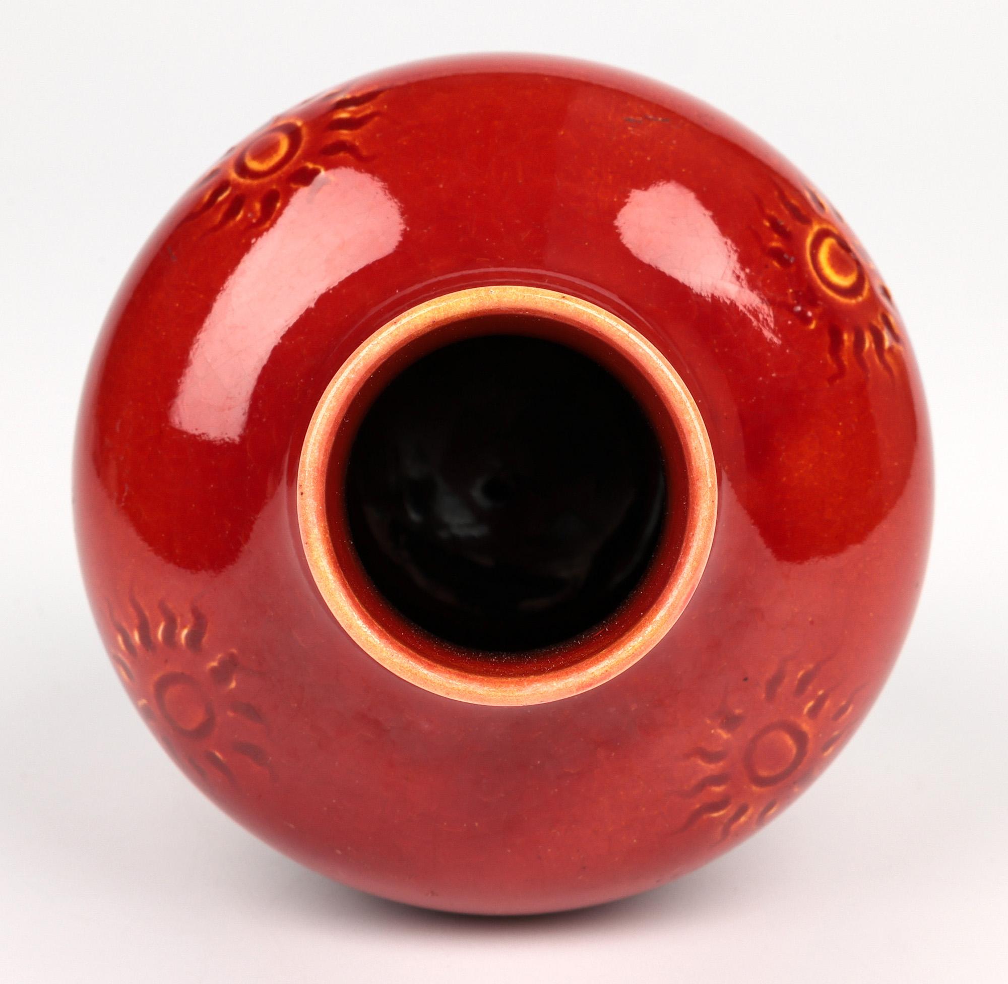 English Burmantofts Faience Ox Blood & Yellow Glazed Sun Burst Pattern Art Pottery Vase For Sale