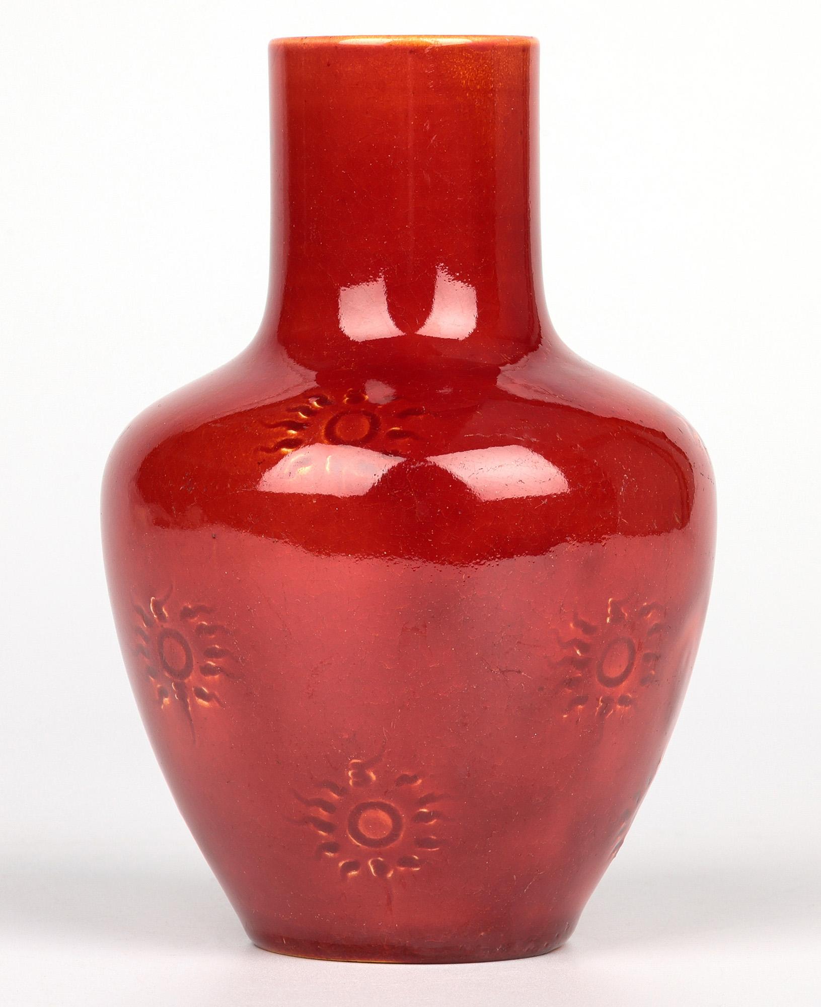 Late 19th Century Burmantofts Faience Ox Blood & Yellow Glazed Sun Burst Pattern Art Pottery Vase For Sale