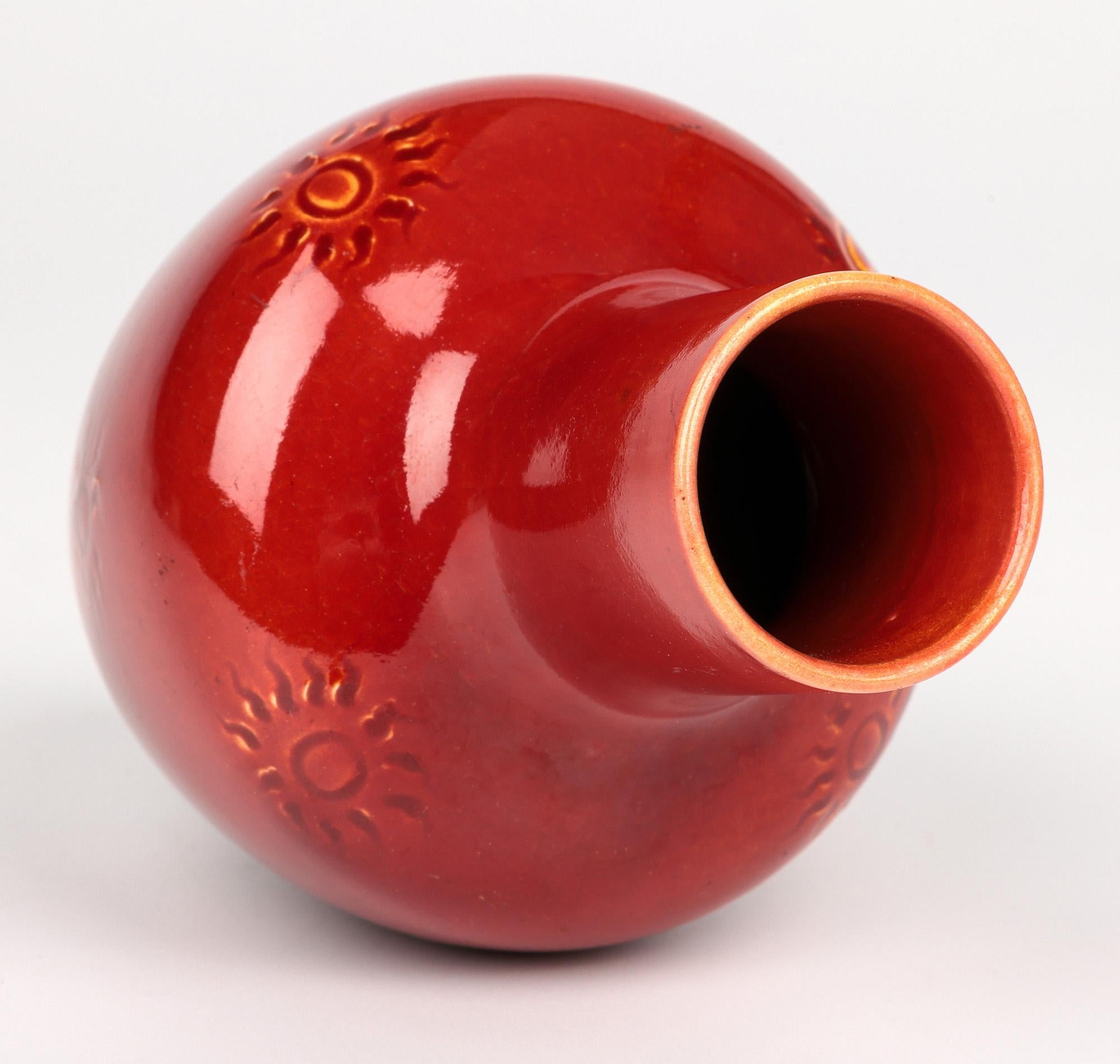 Burmantofts Faience Ox Blood & Yellow Glazed Sun Burst Pattern Art Pottery Vase For Sale 1