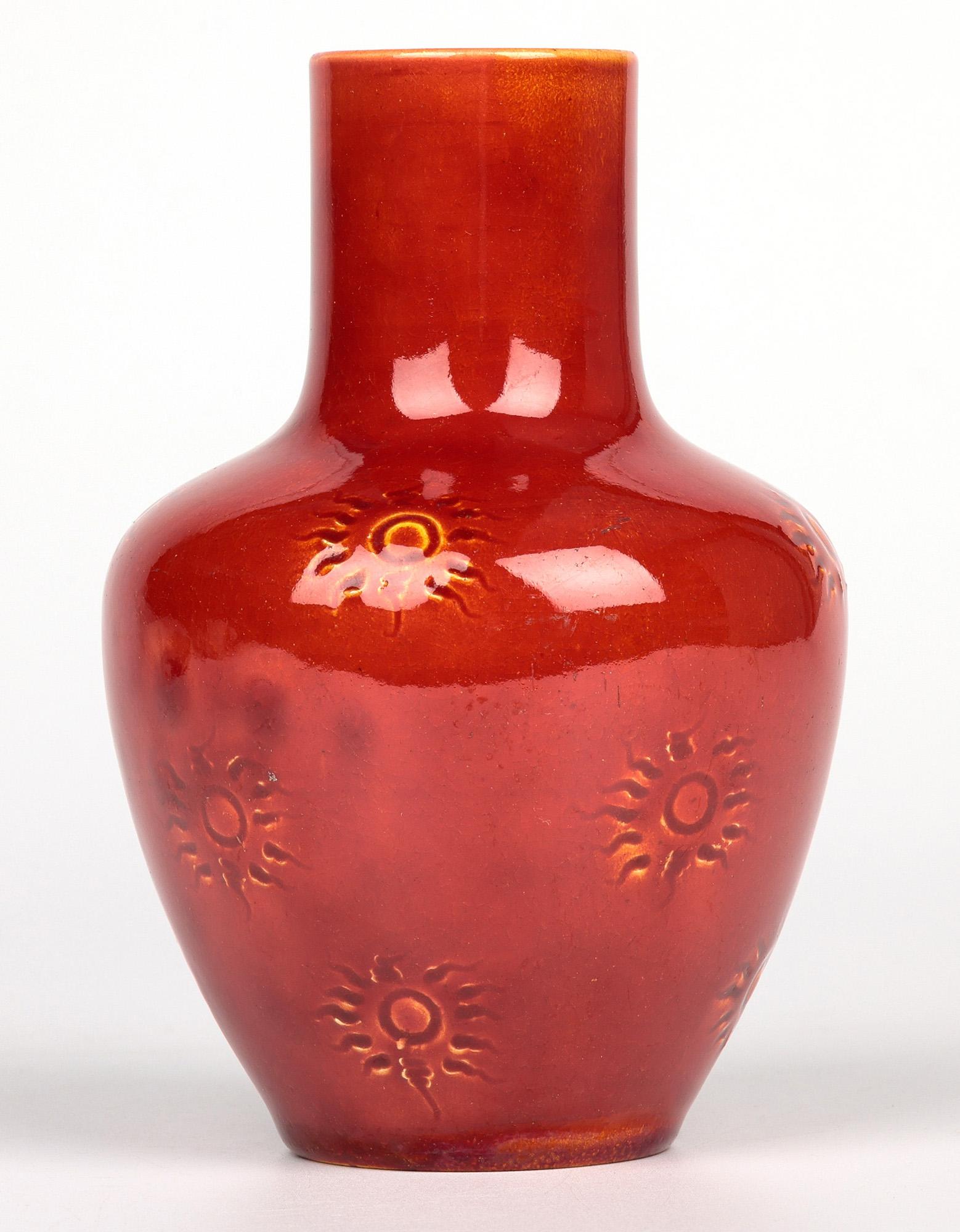 Burmantofts Faience Ox Blood & Yellow Glazed Sun Burst Pattern Art Pottery Vase For Sale 2