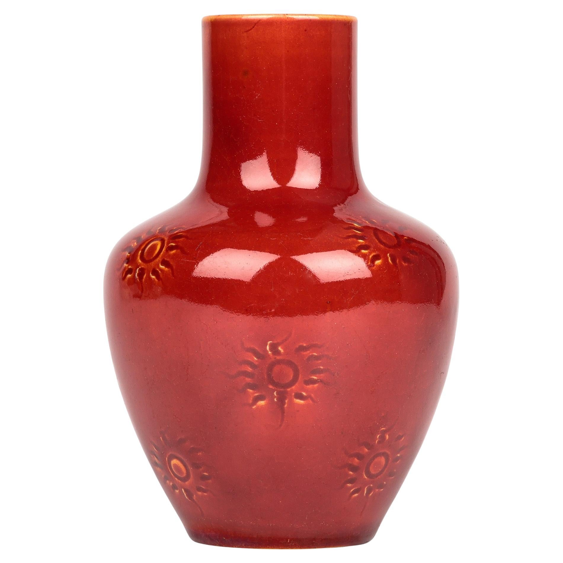 Burmantofts Faience Ox Blood & Yellow Glazed Sun Burst Pattern Art Pottery Vase