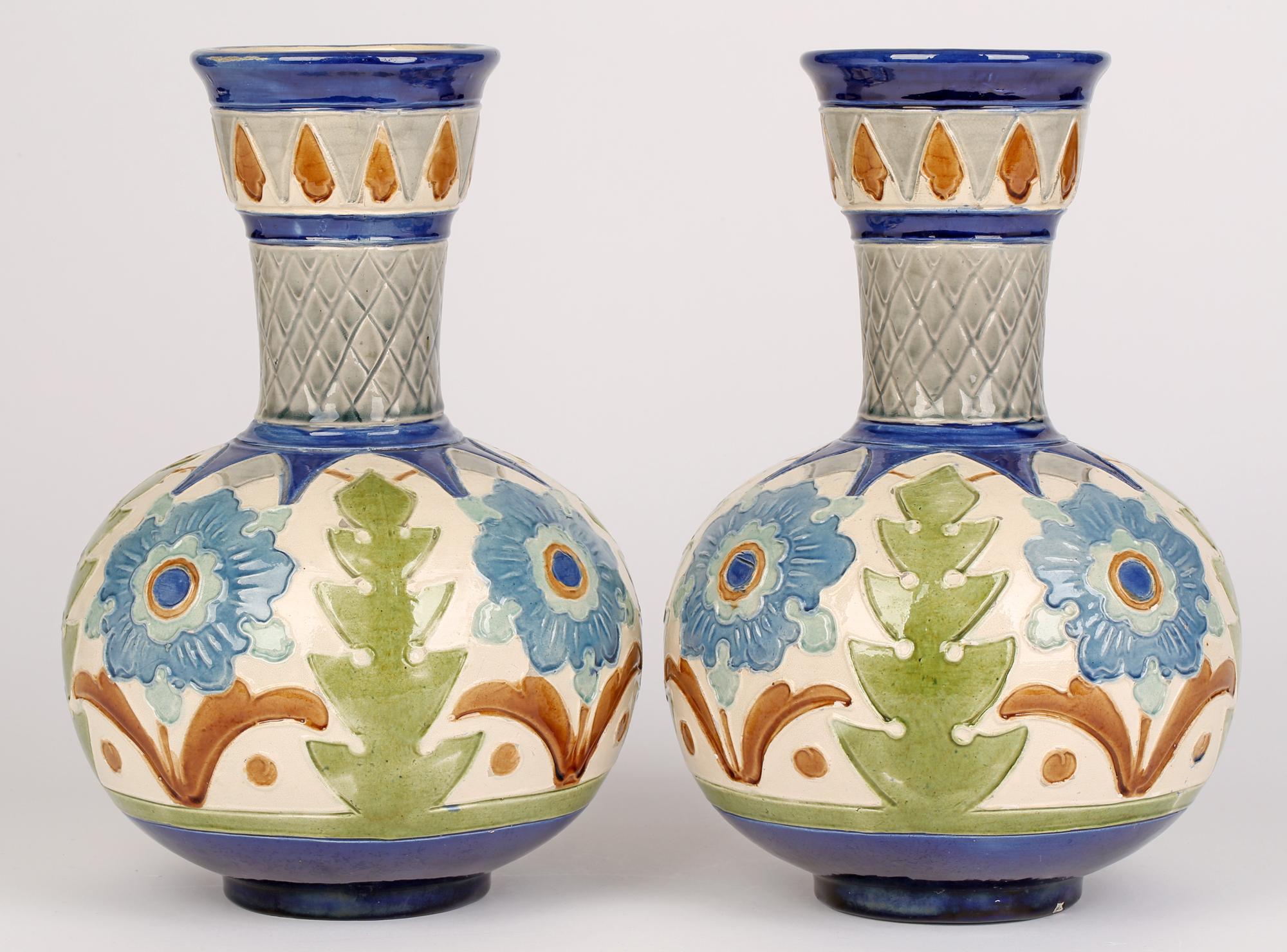 Burmantofts Faience Pair Partie-Color Art Pottery Floral Design Vases 3