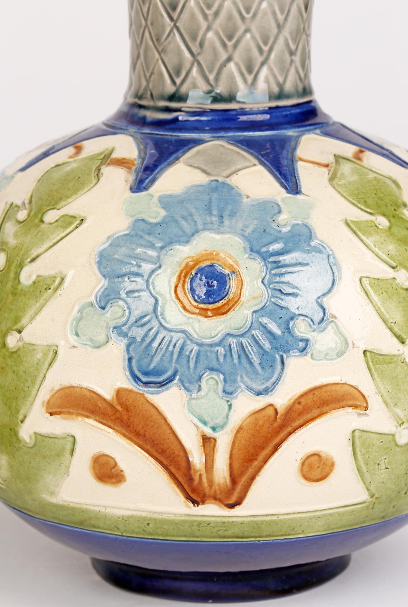 Burmantofts Faience Pair Partie-Color Art Pottery Floral Design Vases 4