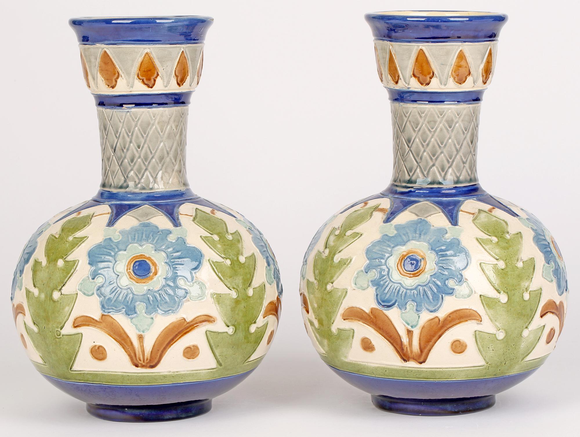 Burmantofts Faience Pair Partie-Color Art Pottery Floral Design Vases 5
