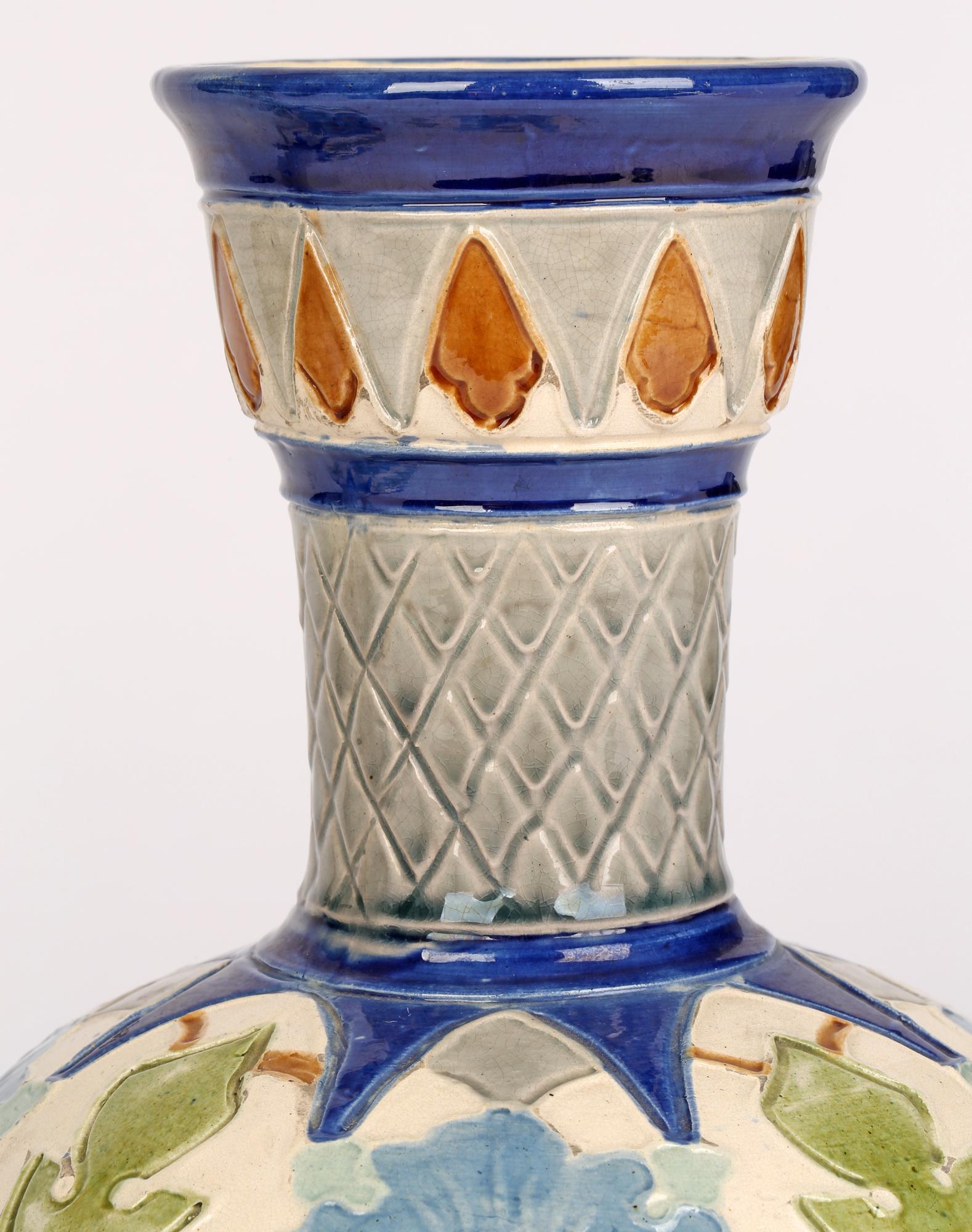 Burmantofts Faience Pair Partie-Color Art Pottery Floral Design Vases 6
