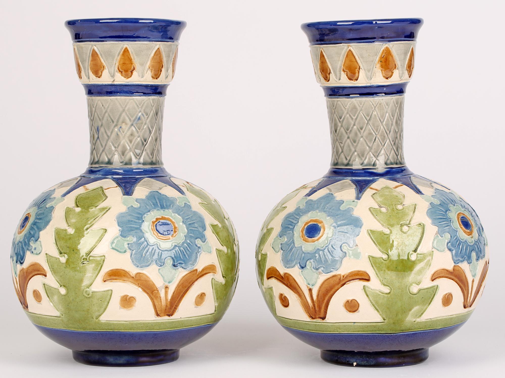 Burmantofts Faience Pair Partie-Color Art Pottery Floral Design Vases 8