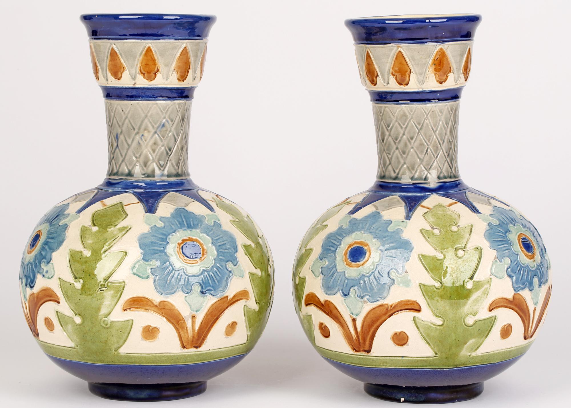 Burmantofts Faience Pair Partie-Color Art Pottery Floral Design Vases 10