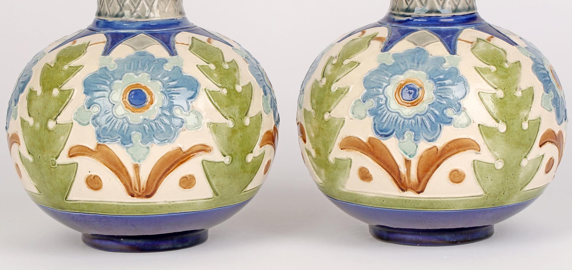 Arts and Crafts Burmantofts Faience Pair Partie-Color Art Pottery Floral Design Vases