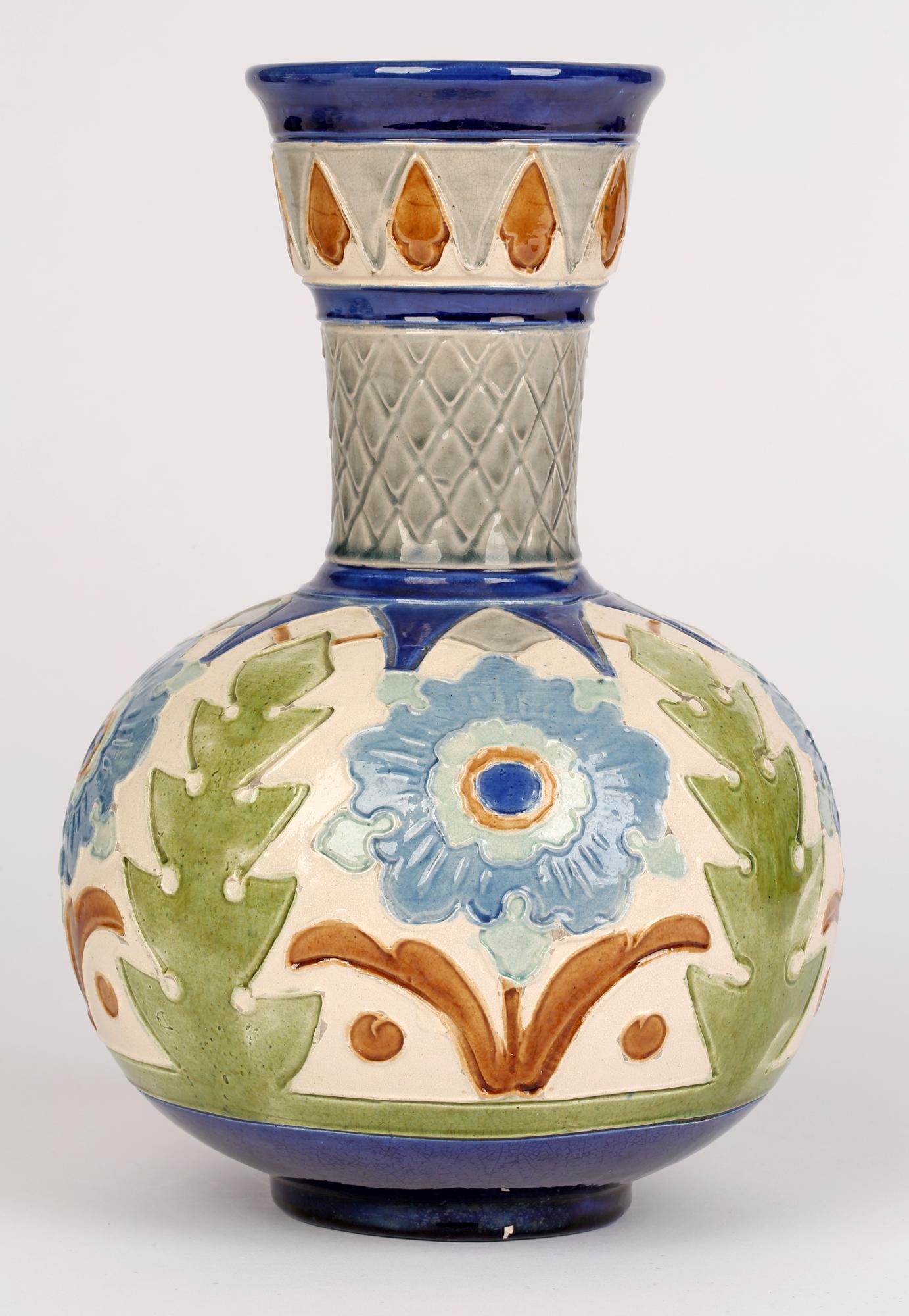 English Burmantofts Faience Pair Partie-Color Art Pottery Floral Design Vases