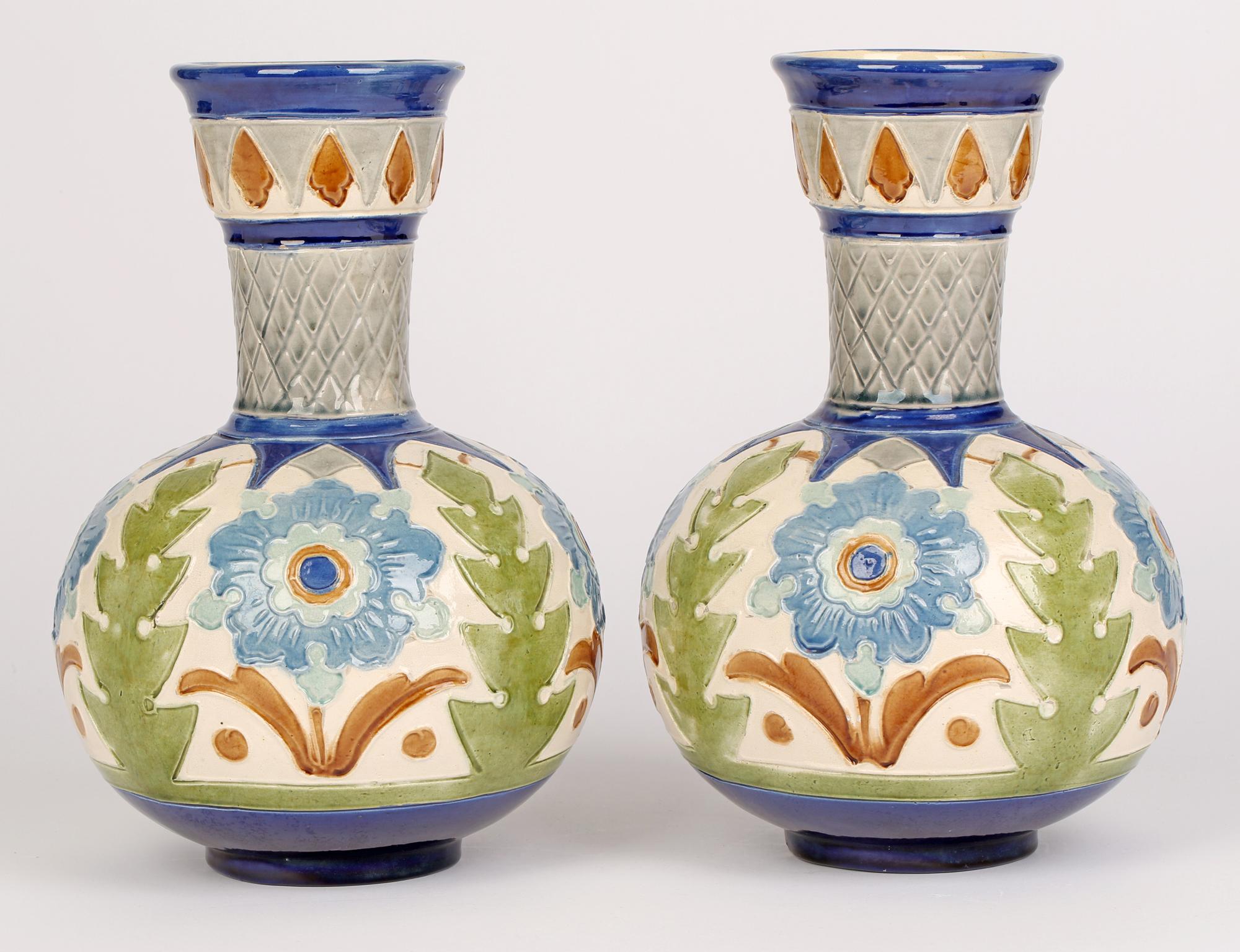 Glazed Burmantofts Faience Pair Partie-Color Art Pottery Floral Design Vases