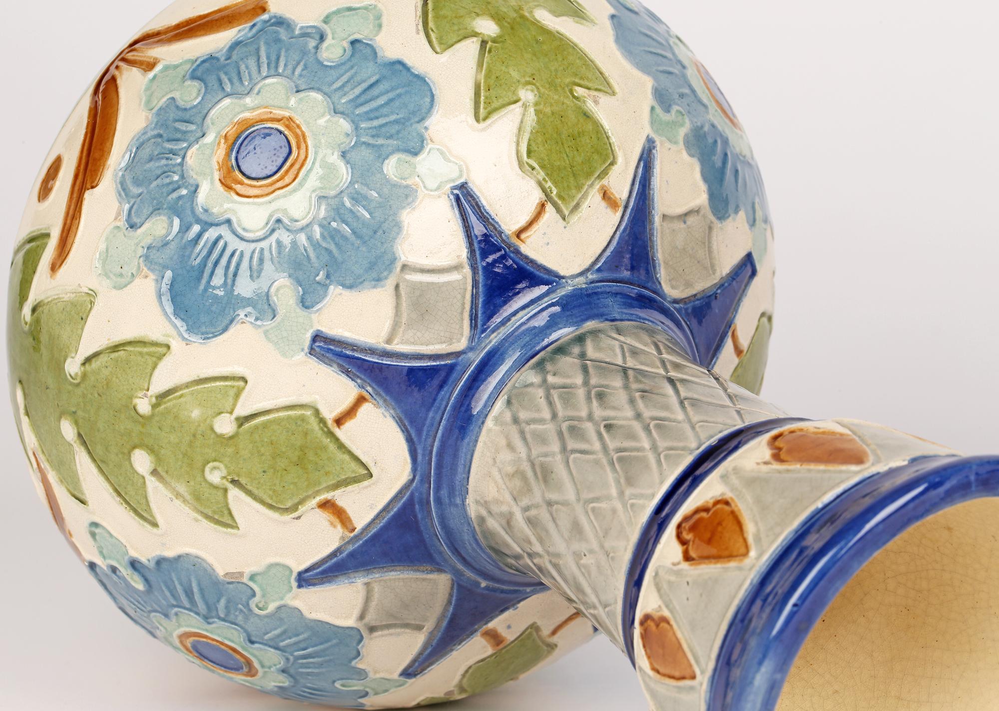 Late 19th Century Burmantofts Faience Pair Partie-Color Art Pottery Floral Design Vases