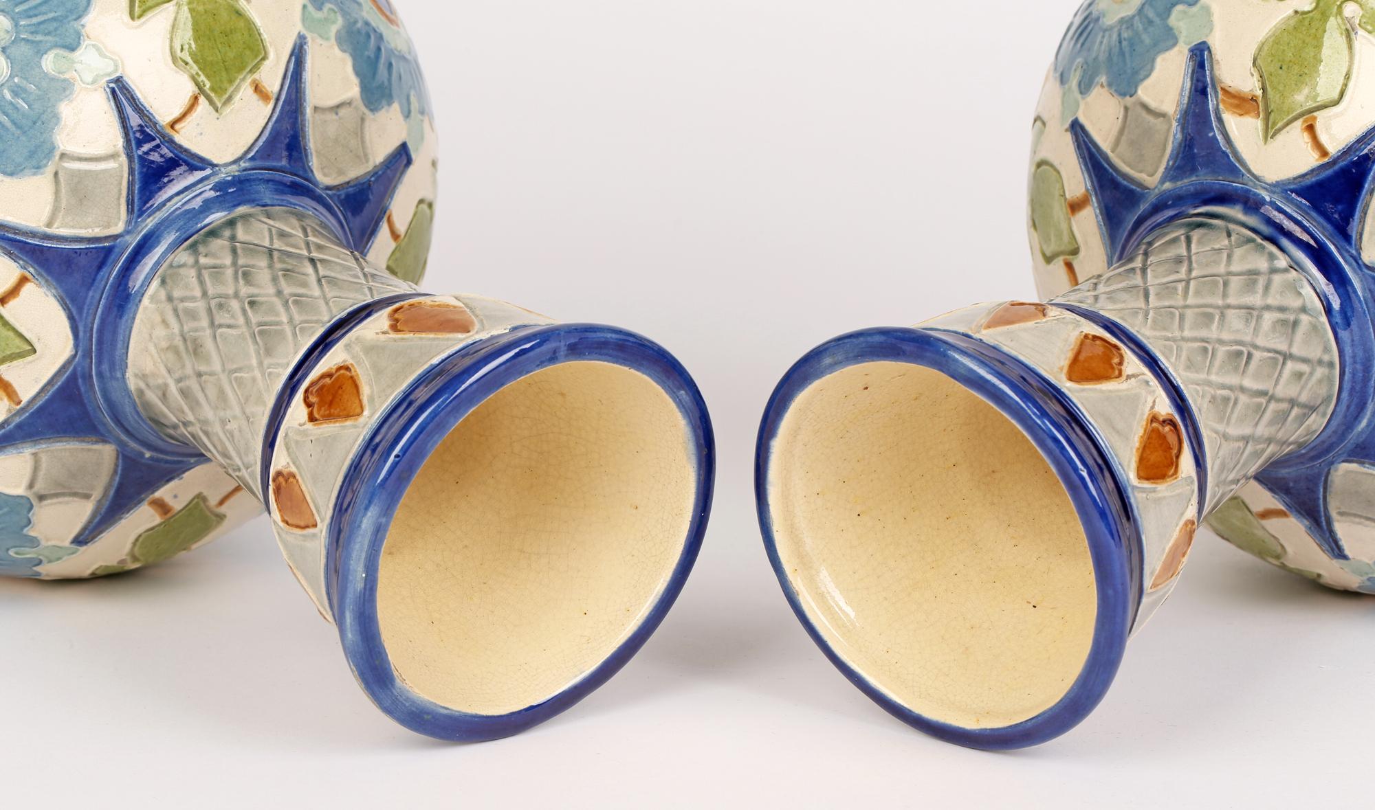 Burmantofts Faience Pair Partie-Color Art Pottery Floral Design Vases 1