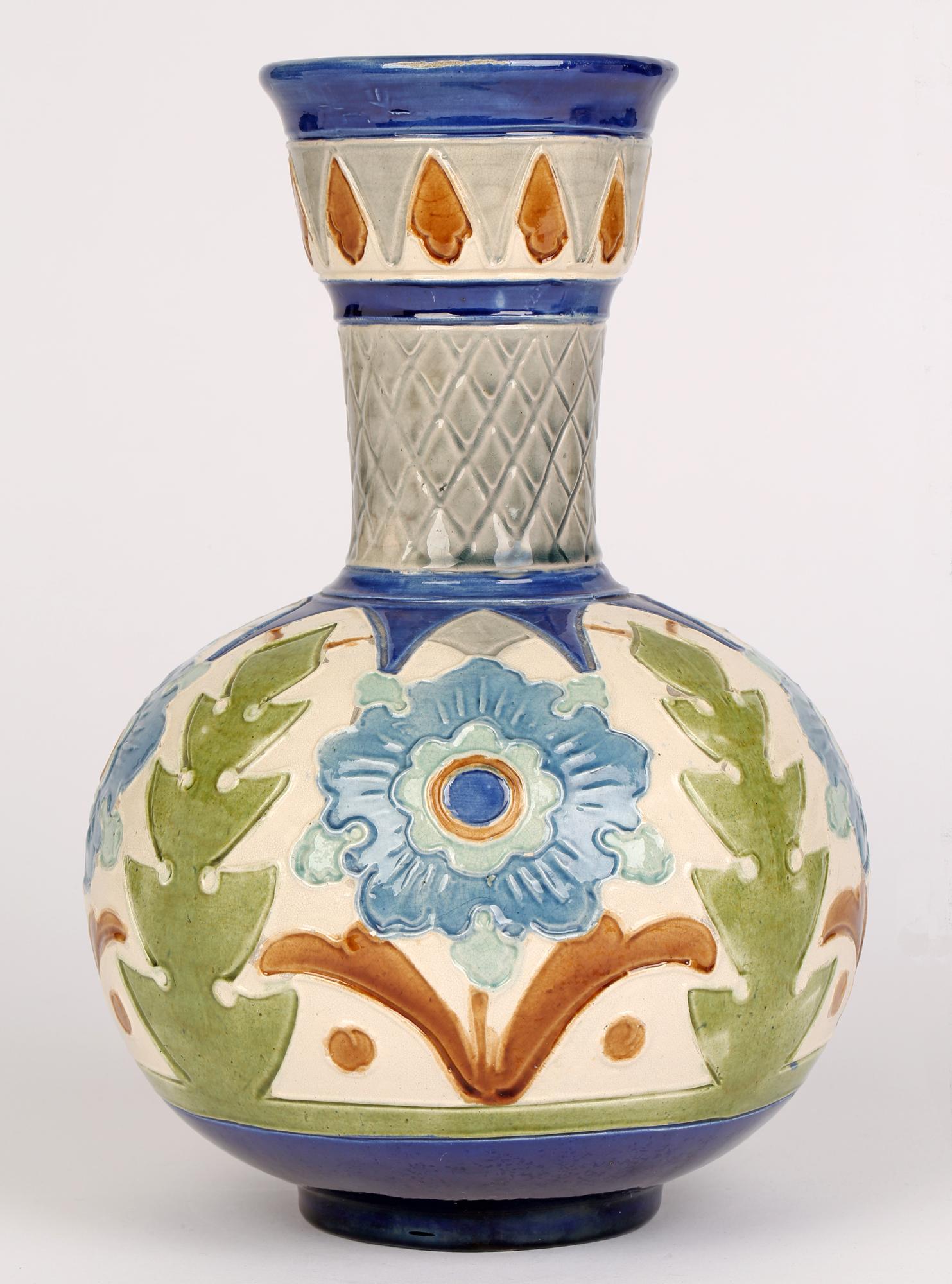 Burmantofts Faience Pair Partie-Color Art Pottery Floral Design Vases 2