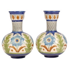 Burmantofts Faience Pair Partie-Color Art Pottery Floral Design Vases