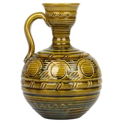 Burmantofts Faience Rare Green Glazed Incised Handled Vase