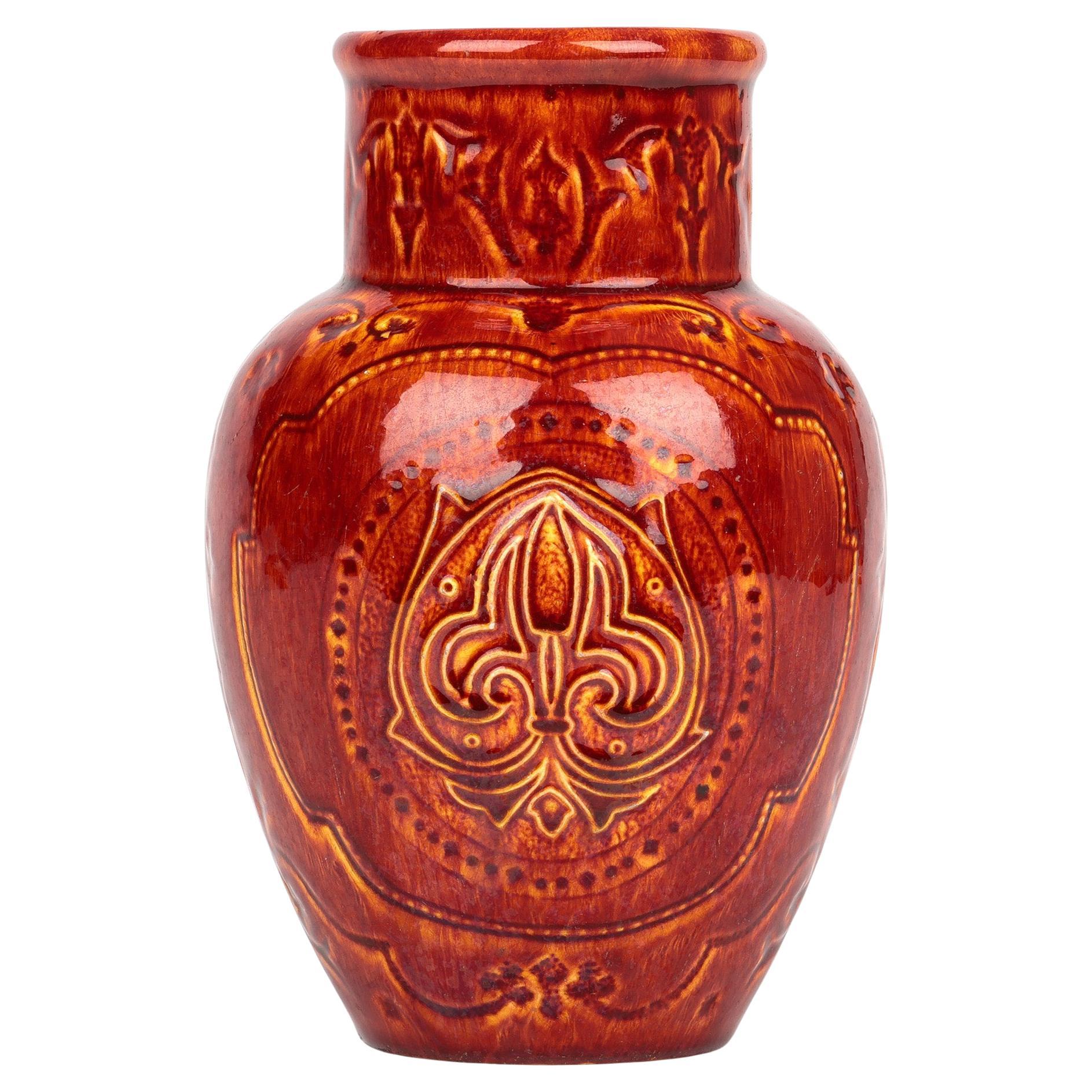 Burmantofts Faience Rare Red & Yellow Glazed Fleur-de-lis Art Pottery Vase