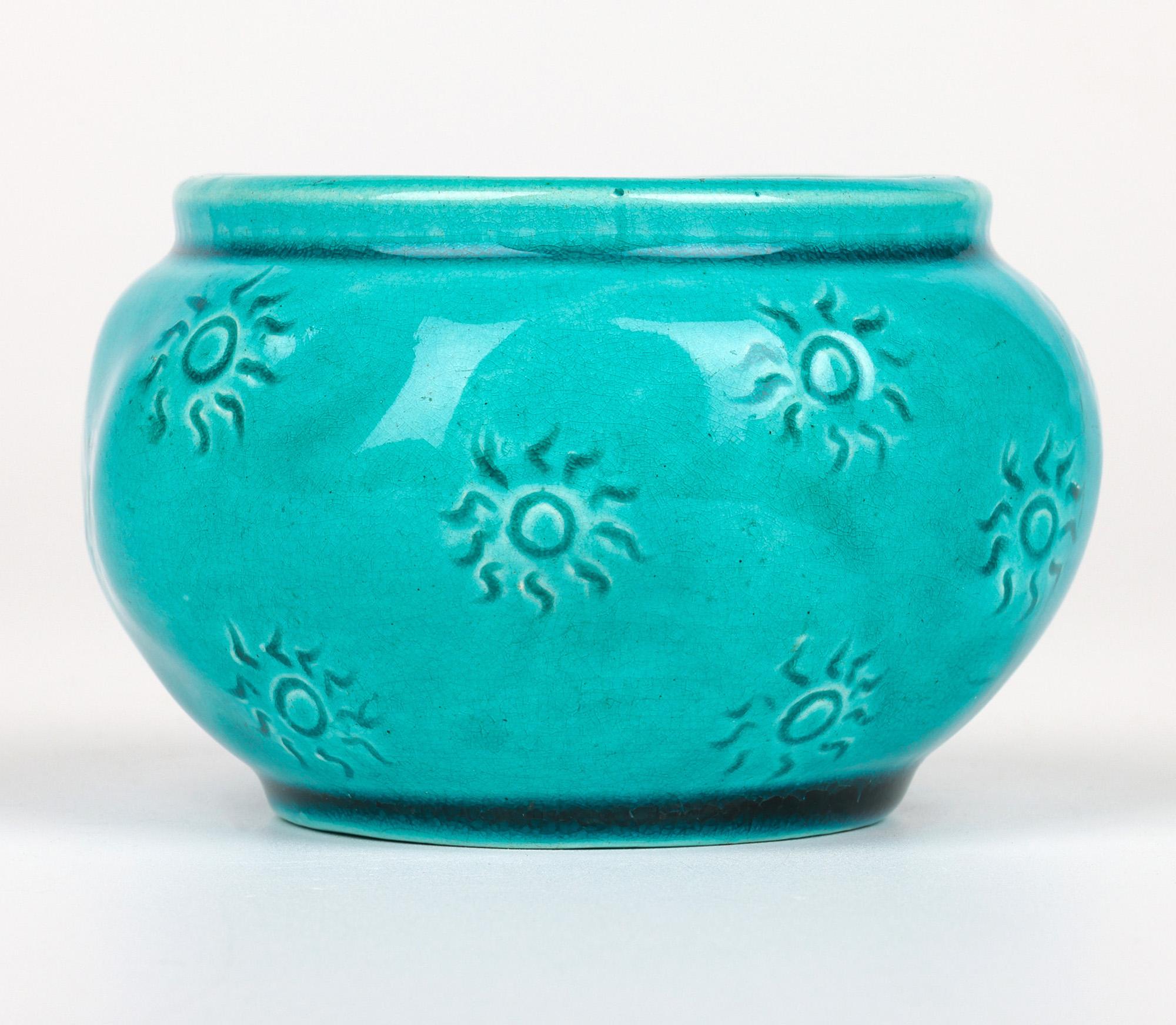 Burmantofts Faience Turquoise Glazed Sun Burst Pattern Art Pottery Vase 4
