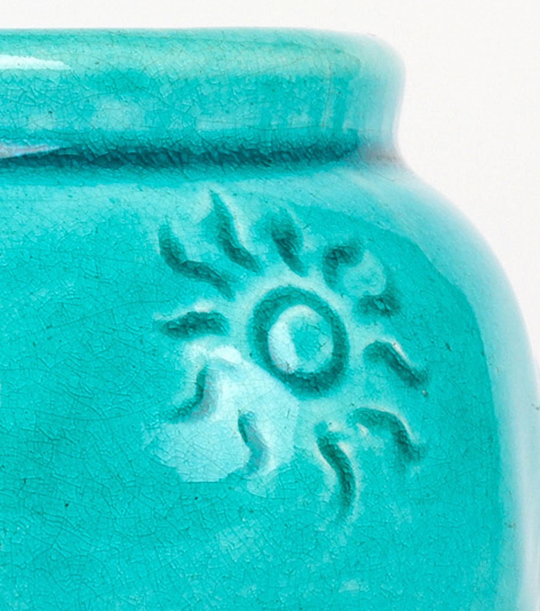 Burmantofts Faience Turquoise Glazed Sun Burst Pattern Art Pottery Vase 6
