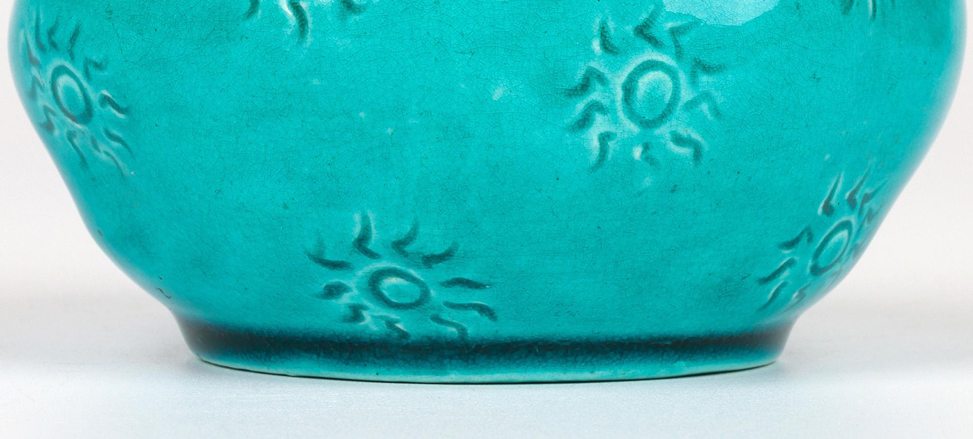 Burmantofts Faience Turquoise Glazed Sun Burst Pattern Art Pottery Vase 9