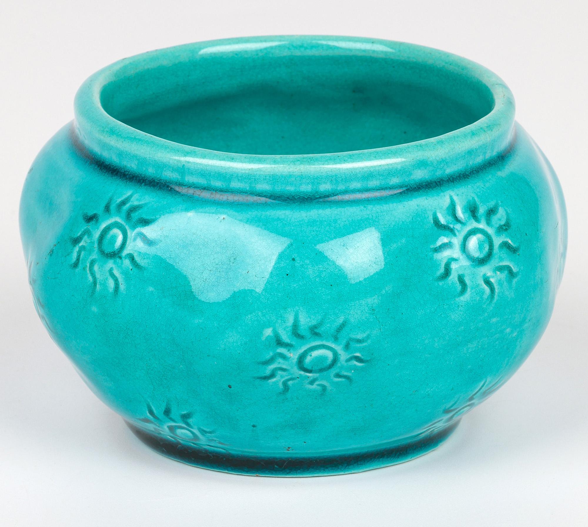 Arts and Crafts Burmantofts Faience Turquoise Glazed Sun Burst Pattern Art Pottery Vase