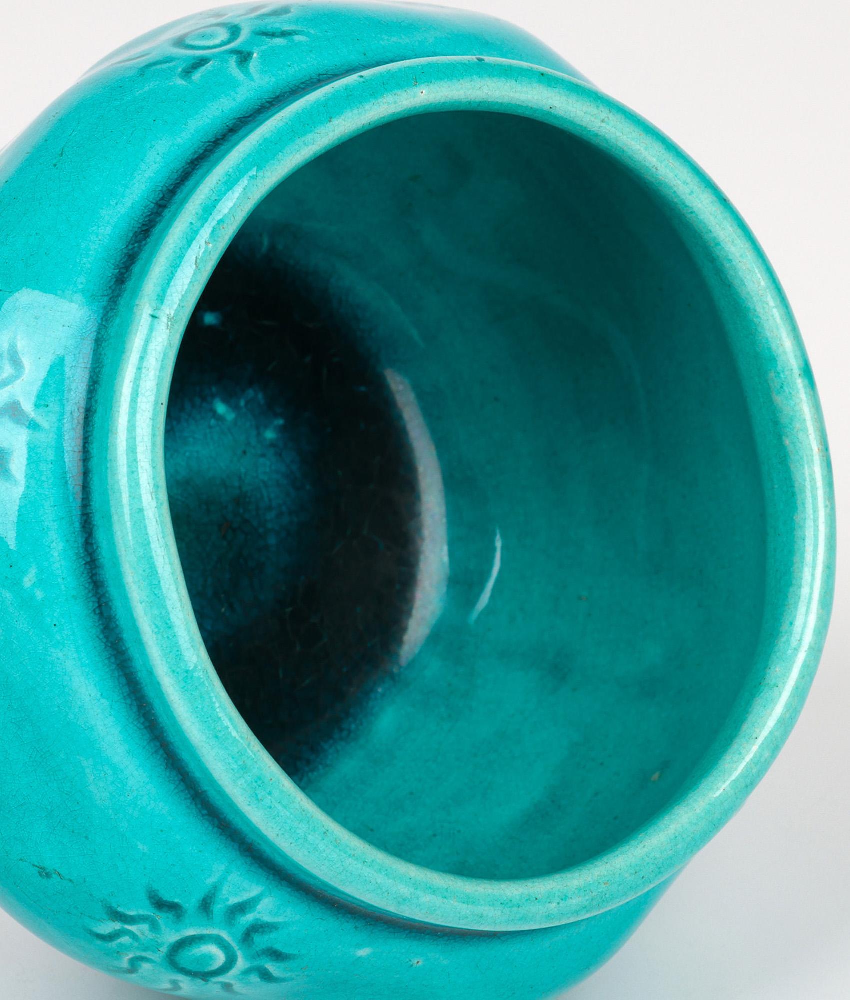 English Burmantofts Faience Turquoise Glazed Sun Burst Pattern Art Pottery Vase