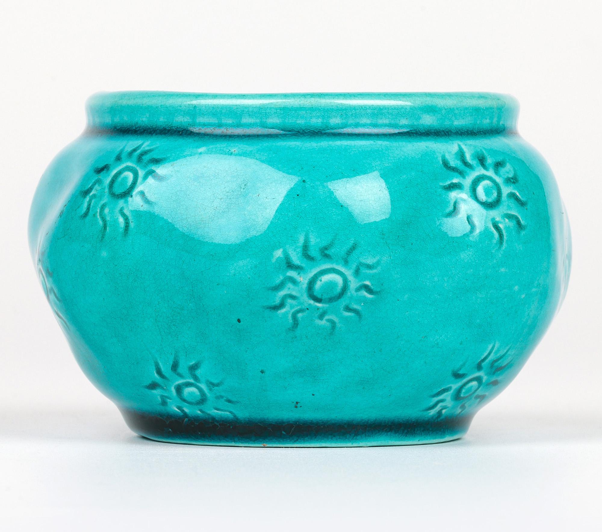 Late 19th Century Burmantofts Faience Turquoise Glazed Sun Burst Pattern Art Pottery Vase