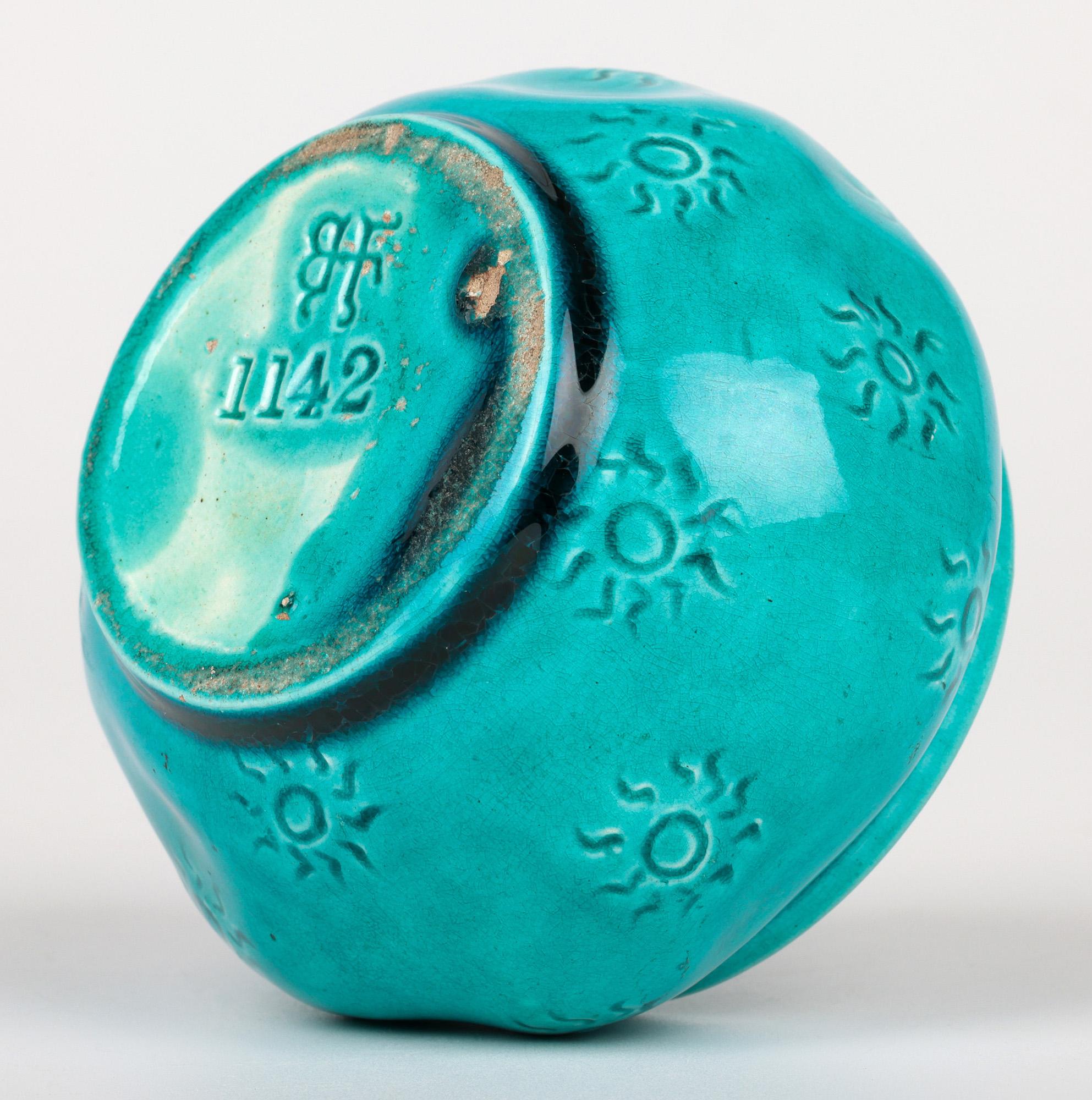 Earthenware Burmantofts Faience Turquoise Glazed Sun Burst Pattern Art Pottery Vase