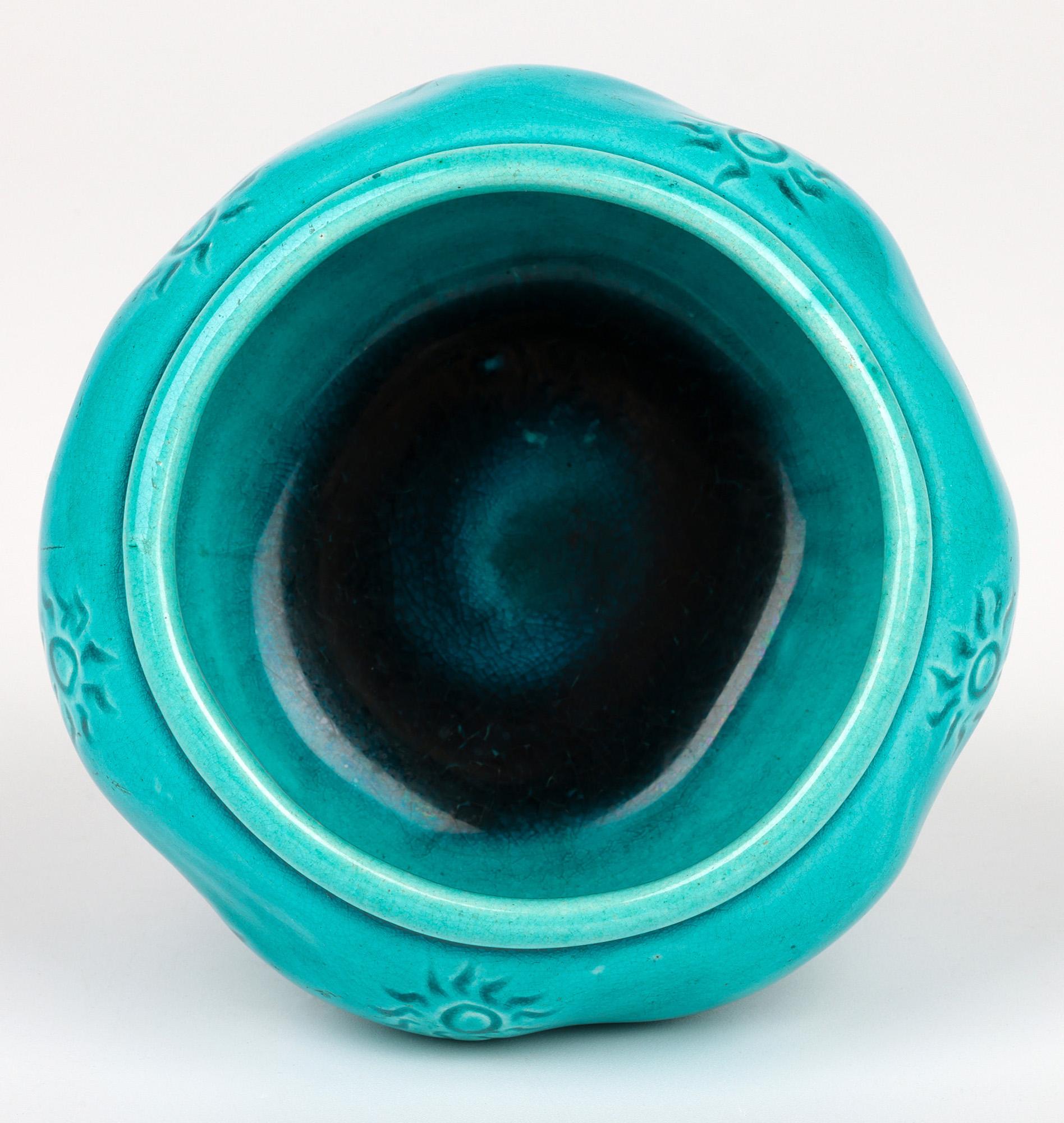 Burmantofts Faience Turquoise Glazed Sun Burst Pattern Art Pottery Vase 1