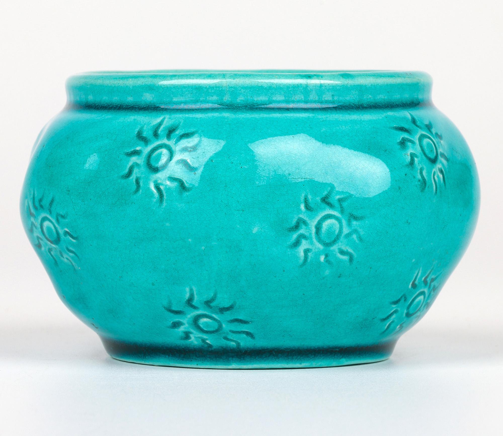 Burmantofts Faience Turquoise Glazed Sun Burst Pattern Art Pottery Vase 2