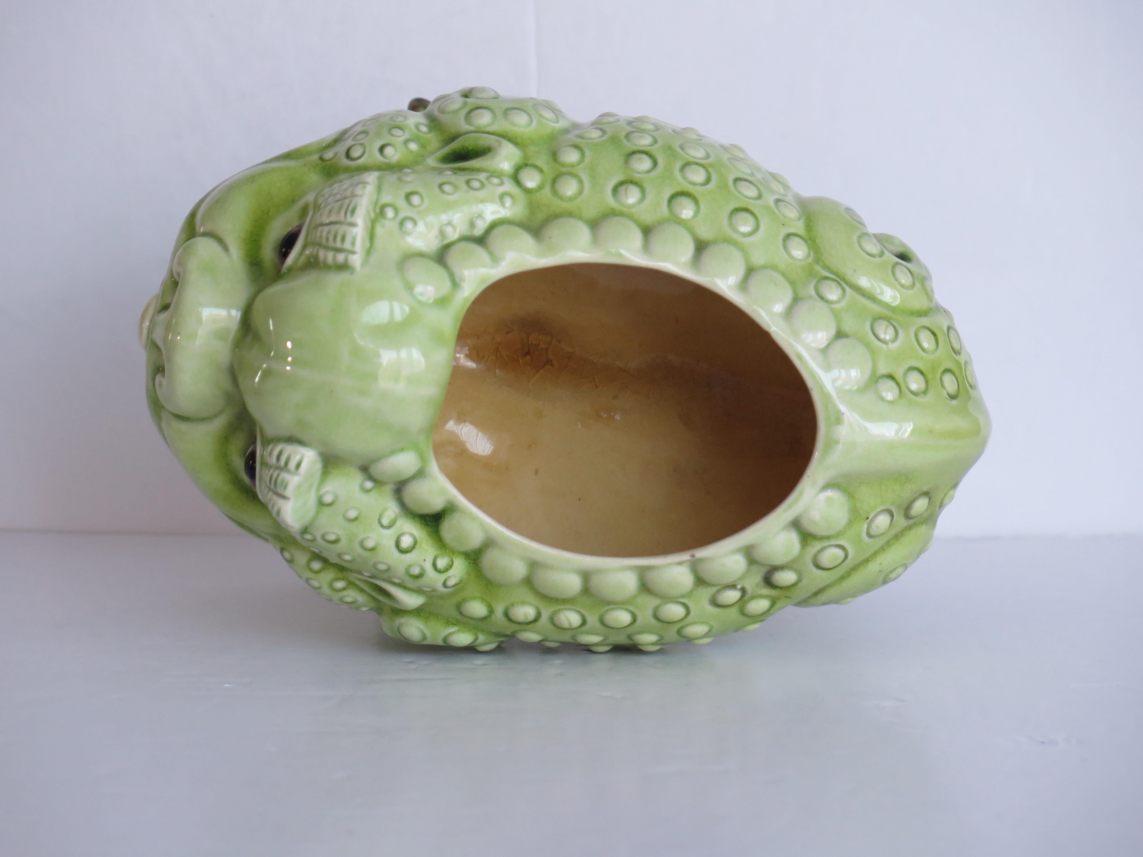 19th Century Burmantofts Grotesque Faience Bull Frog Spoon Warmer, Leeds England circa 1885